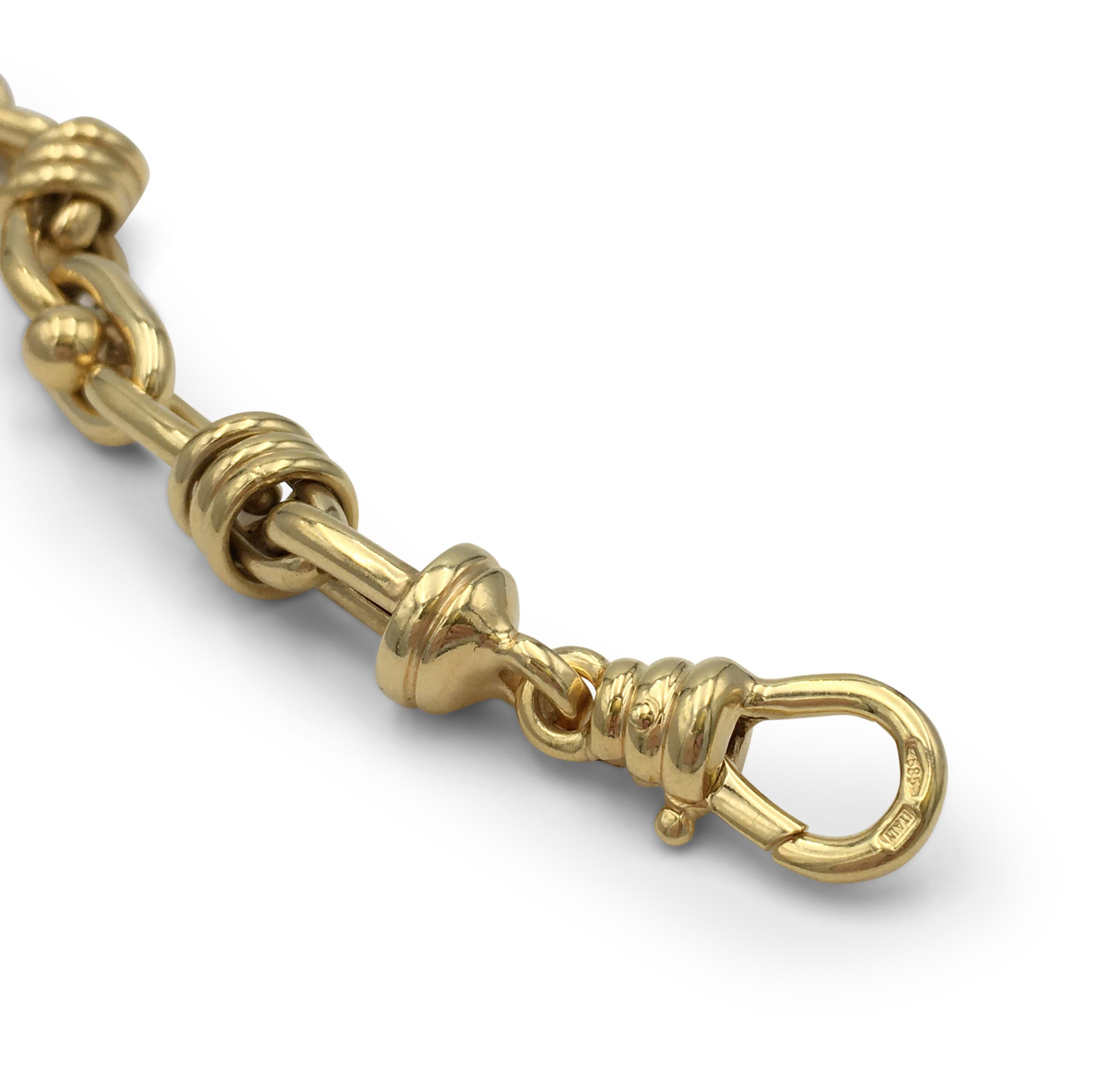 Fancy linked bracelet with lobster clasp crafted in 14 karat yellow gold. The bracelet is 7 inches in length and weighs 21.0 grams. Bracelet does not come with original box. Stamped 585, Italy. CIRCA 2010s. 