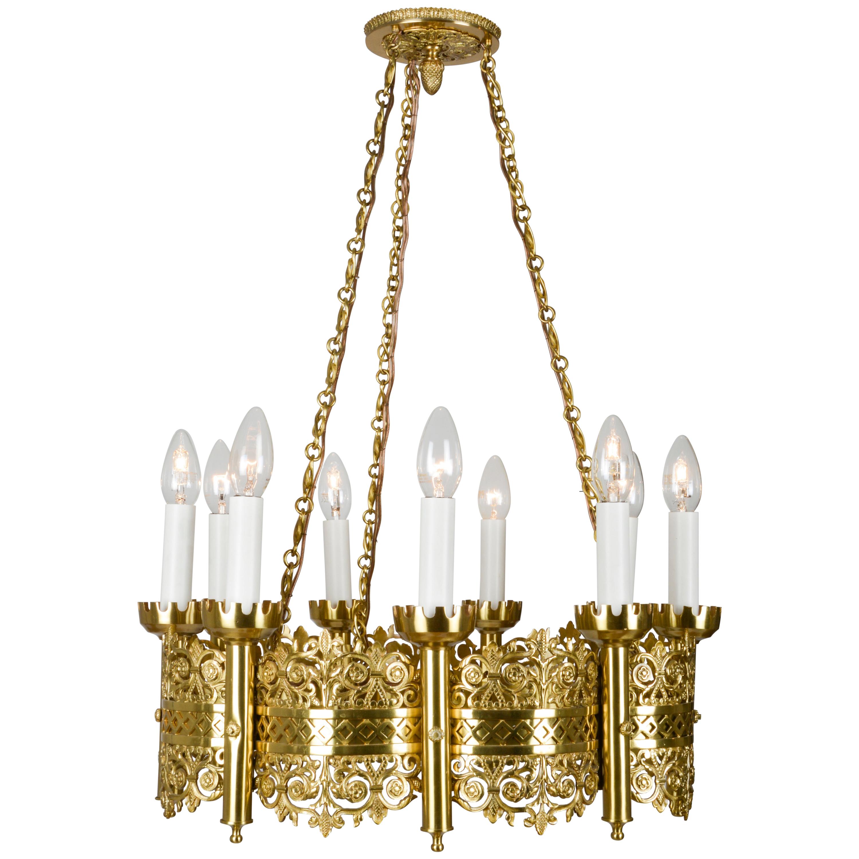 Fancy Lobmeyr-Restored Medieval-Style Cast Brass Cart-Wheel Chandelier For Sale