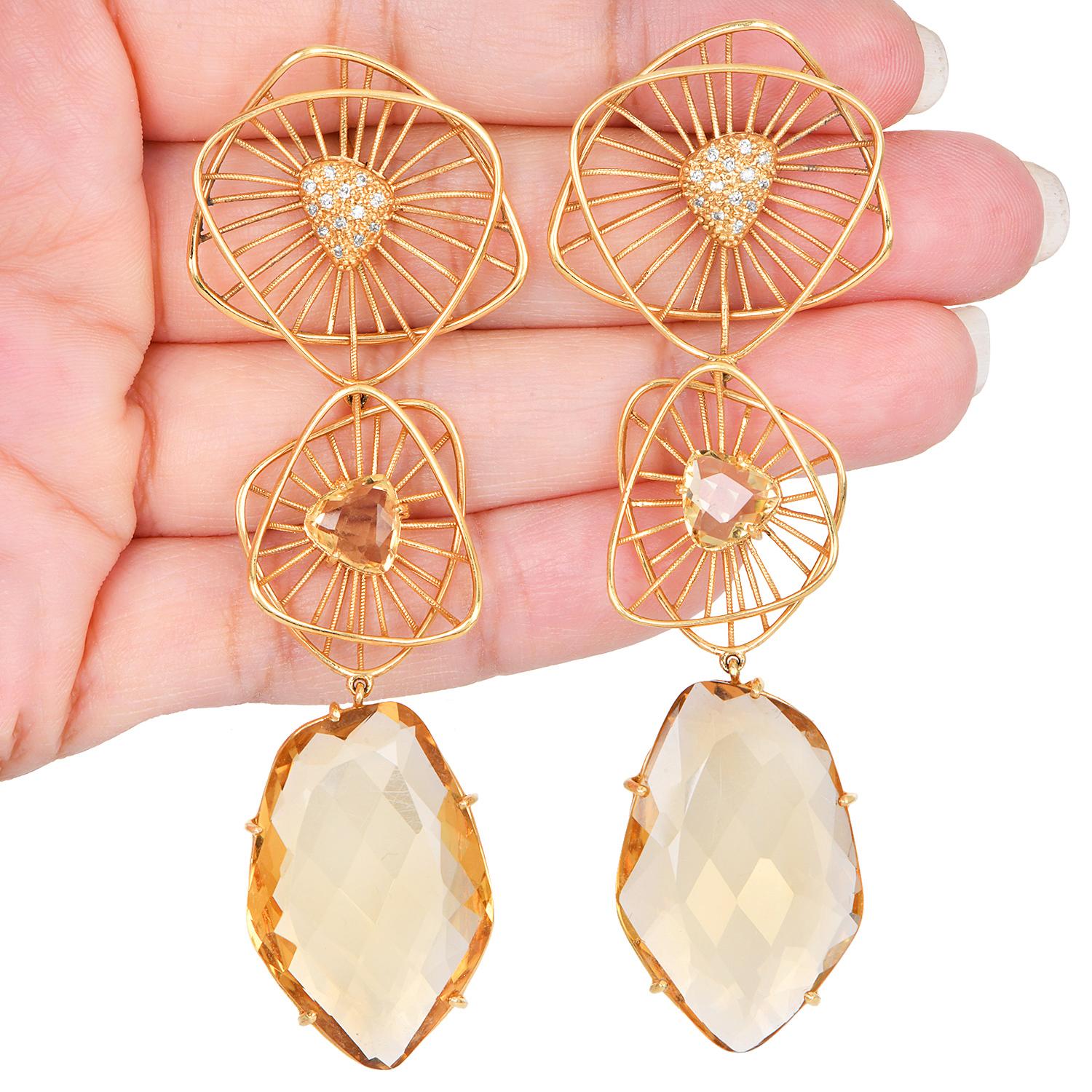 Fancy Long  Diamond Citrine 18K Gold Drop Dangle Earrings In Excellent Condition For Sale In Miami, FL