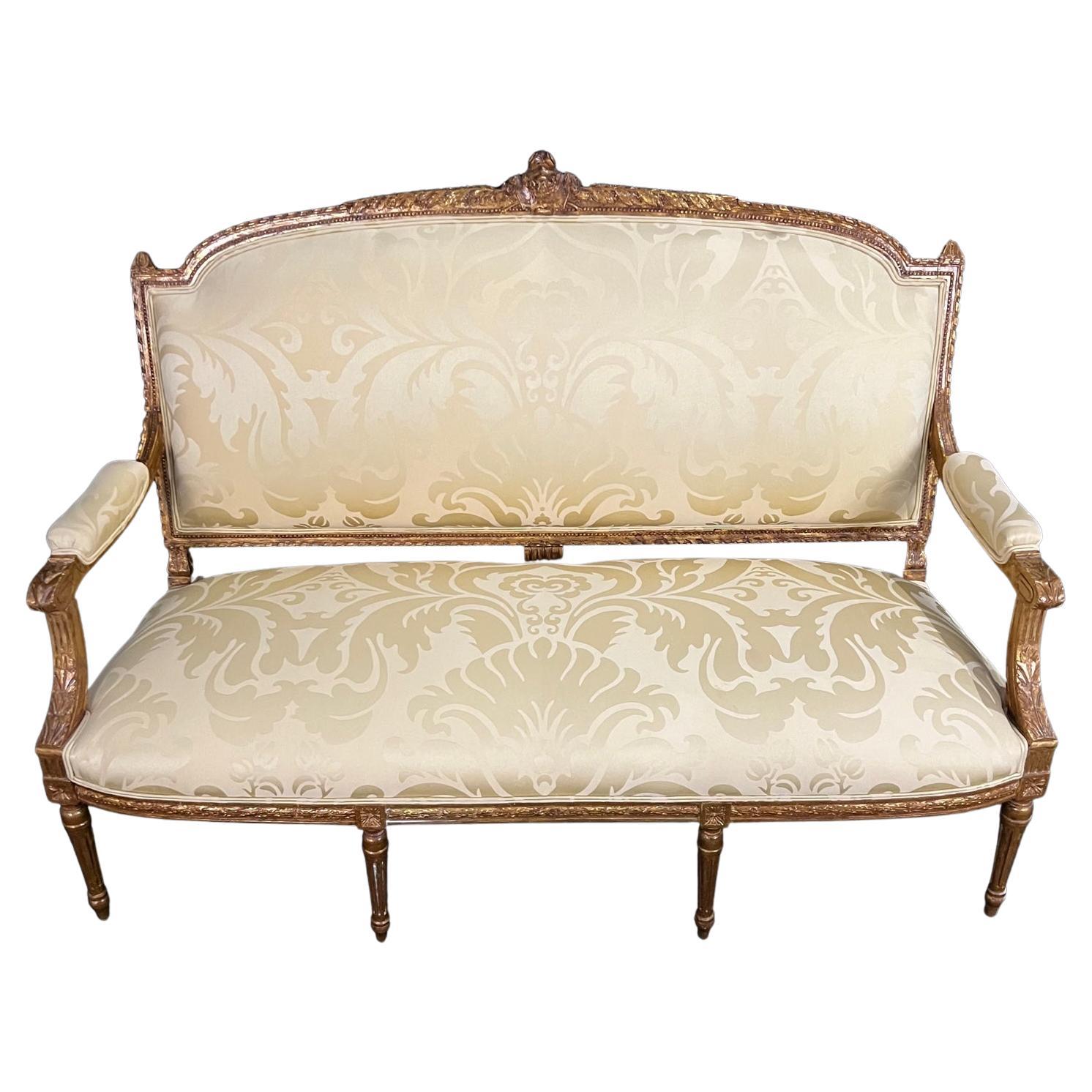 Fancy Louis XVI Giltwood Sofa Loveseat with New Silk Upholstery