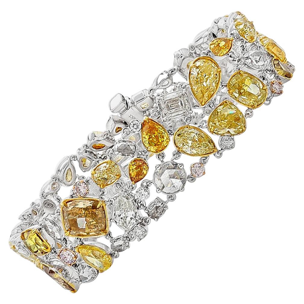 Fancy Mix Shaped Natural Yellow White 32.31 Carat Diamond Bracelet For Sale
