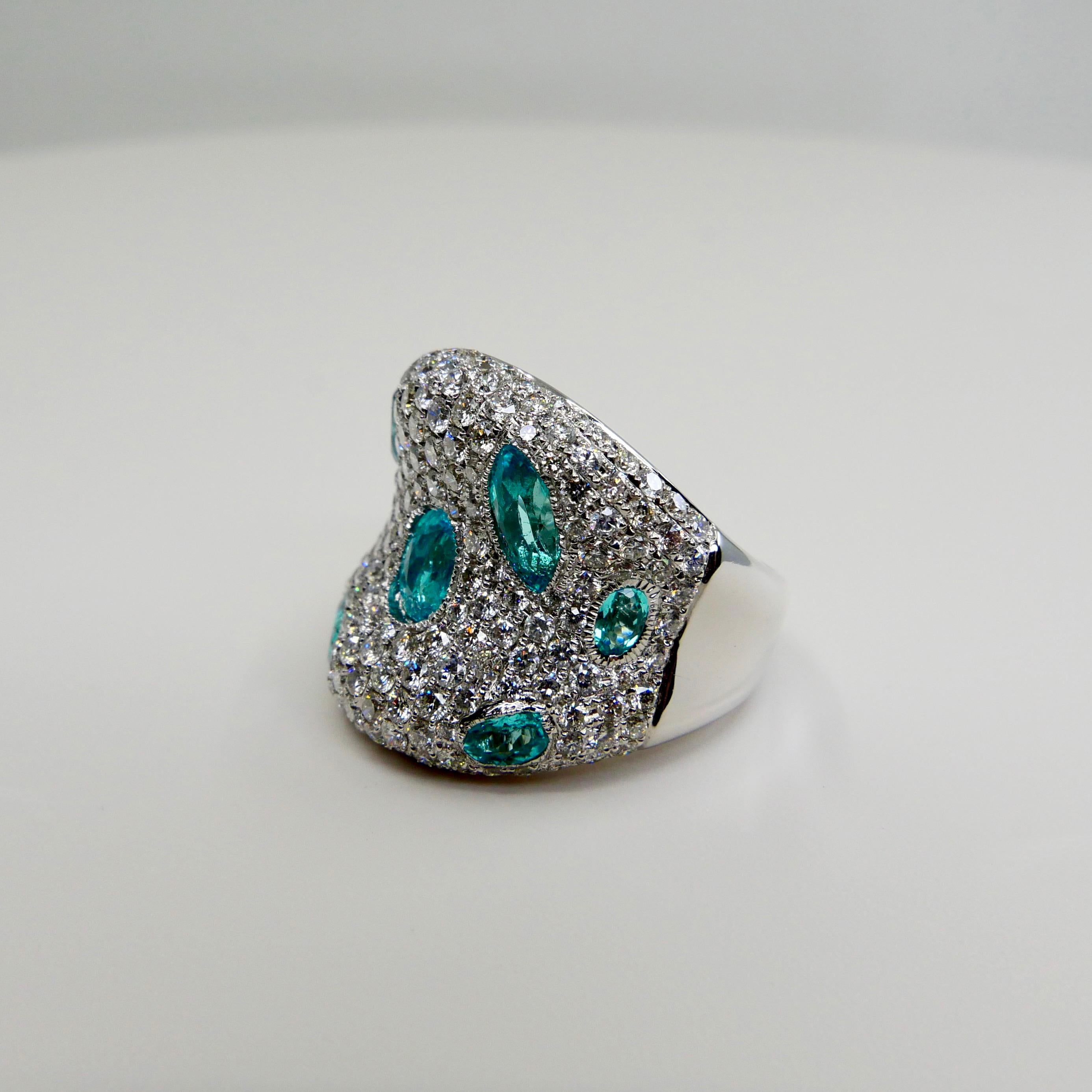 Fancy Modern Neon Blue Paraiba Tourmaline Diamond Cocktail Ring, Statement Piece 3