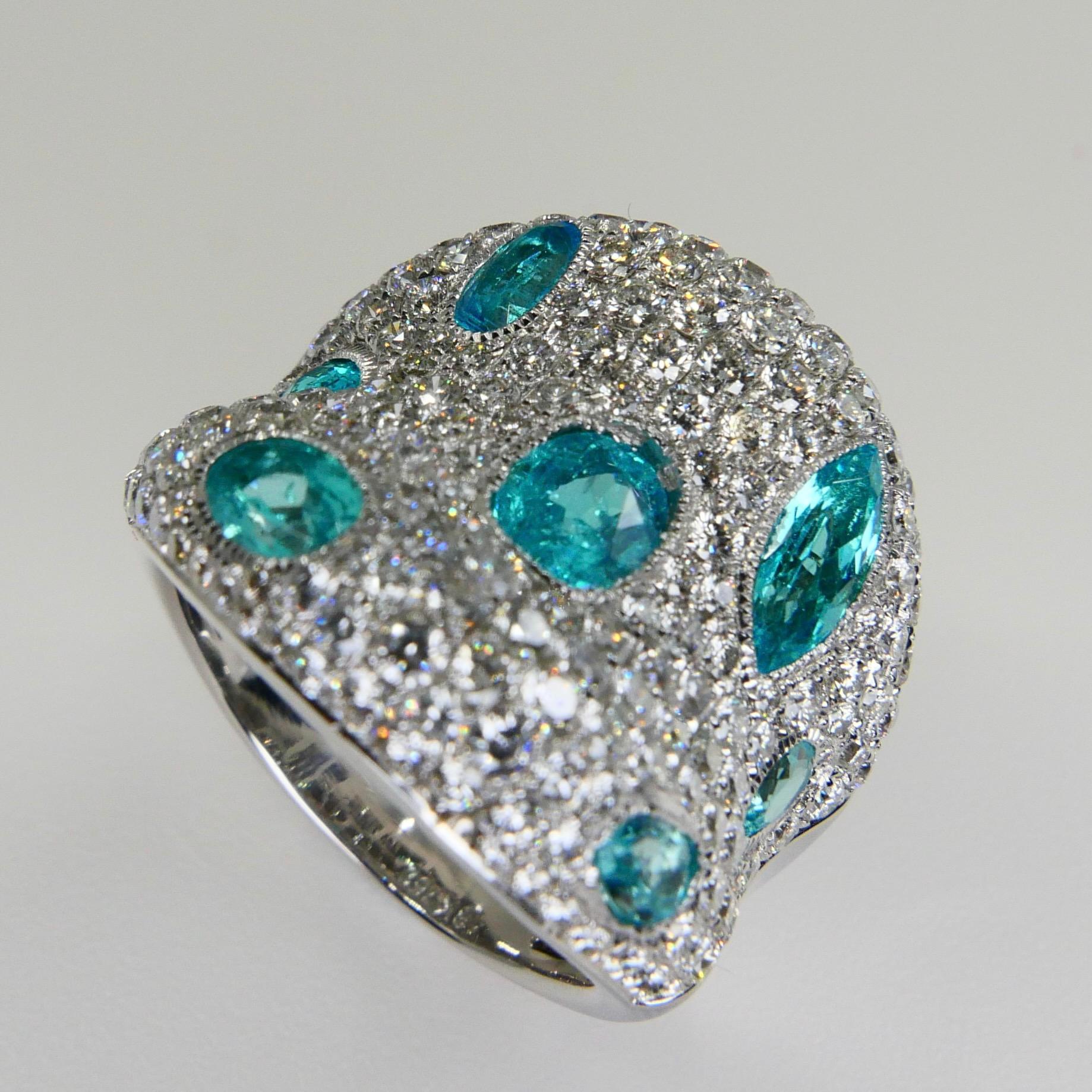 Fancy Modern Neon Blue Paraiba Tourmaline Diamond Cocktail Ring, Statement Piece 6