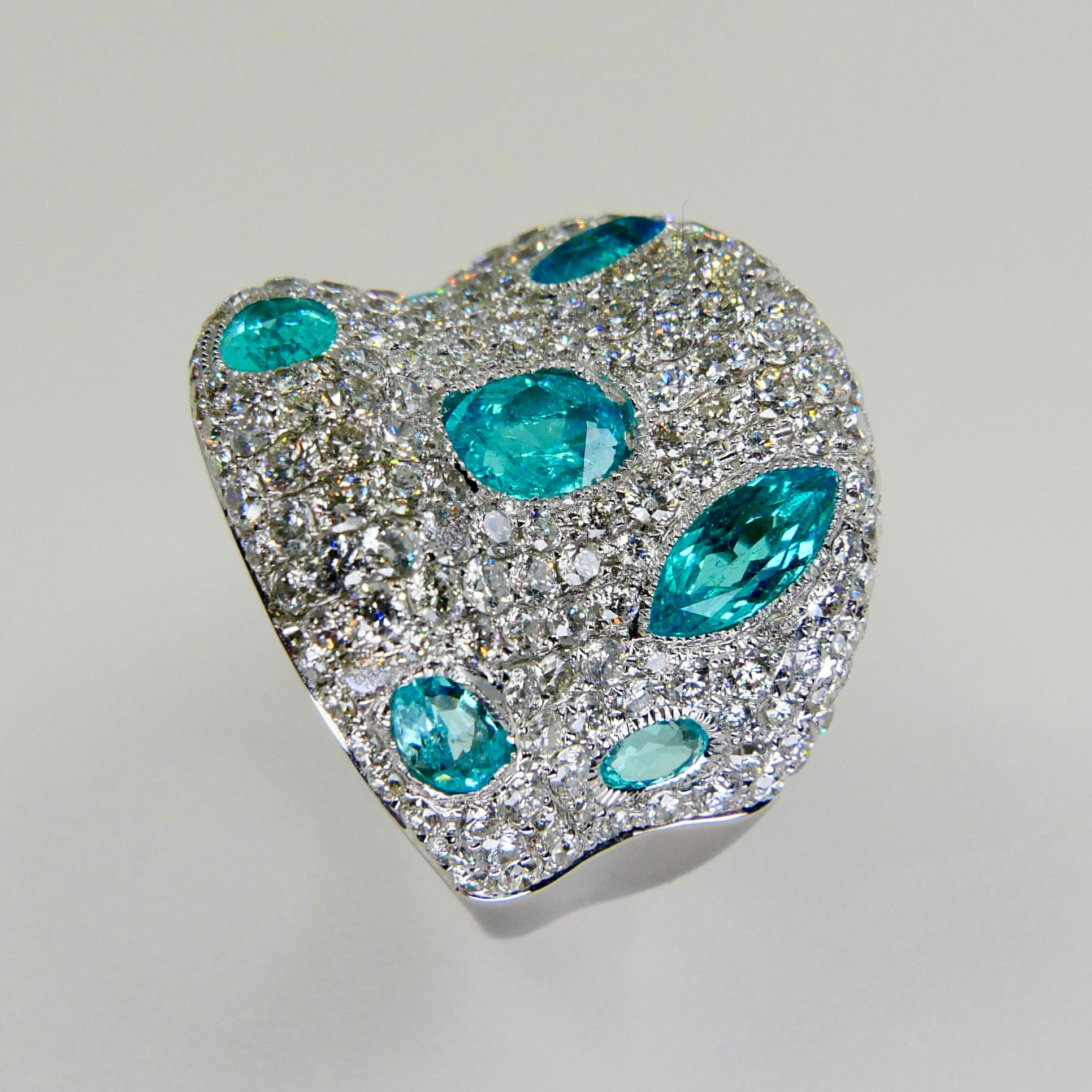 Contemporary Fancy Modern Neon Blue Paraiba Tourmaline Diamond Cocktail Ring, Statement Piece