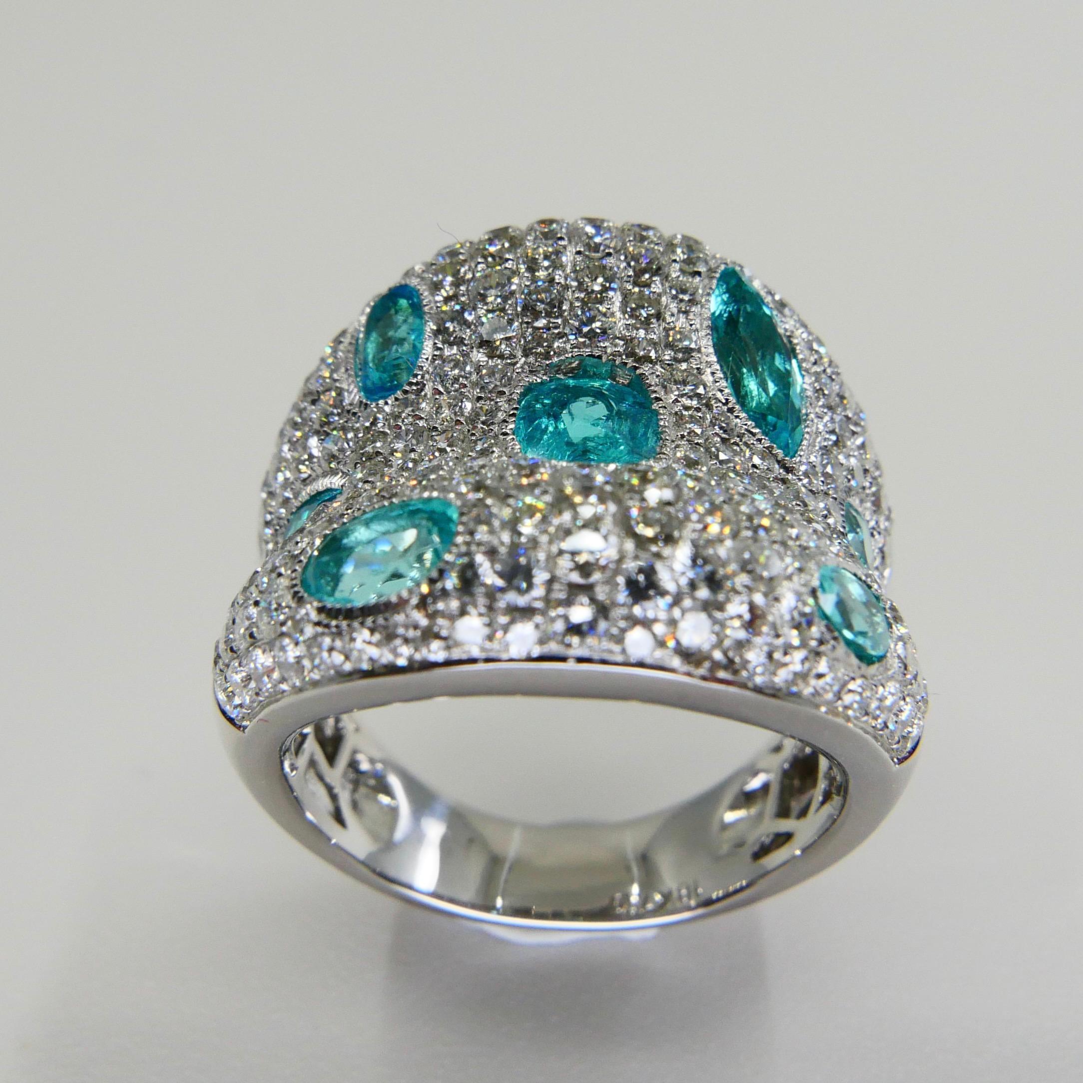Fancy Modern Neon Blue Paraiba Tourmaline Diamond Cocktail Ring, Statement Piece In Good Condition In Hong Kong, HK