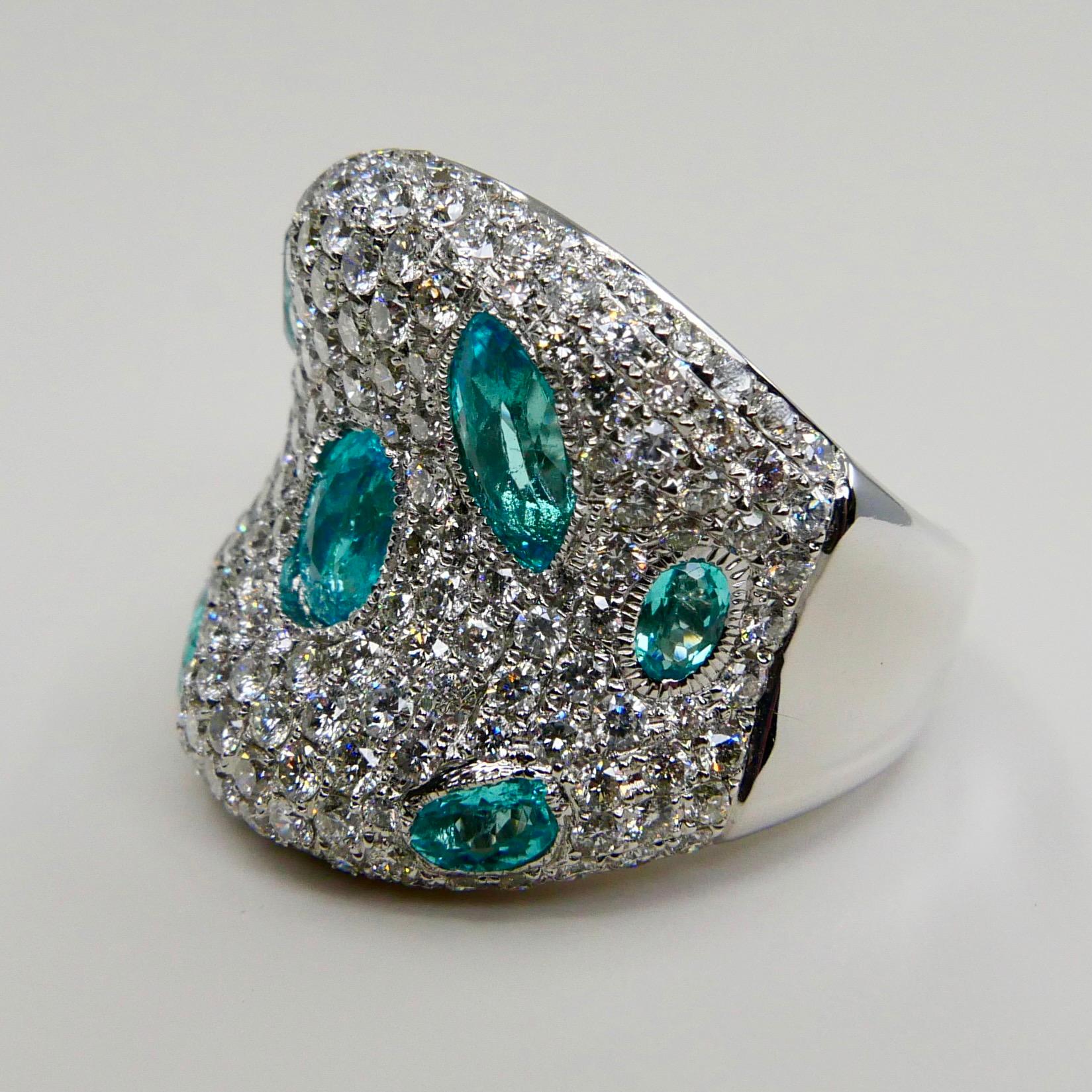 Fancy Modern Neon Blue Paraiba Tourmaline Diamond Cocktail Ring, Statement Piece 1