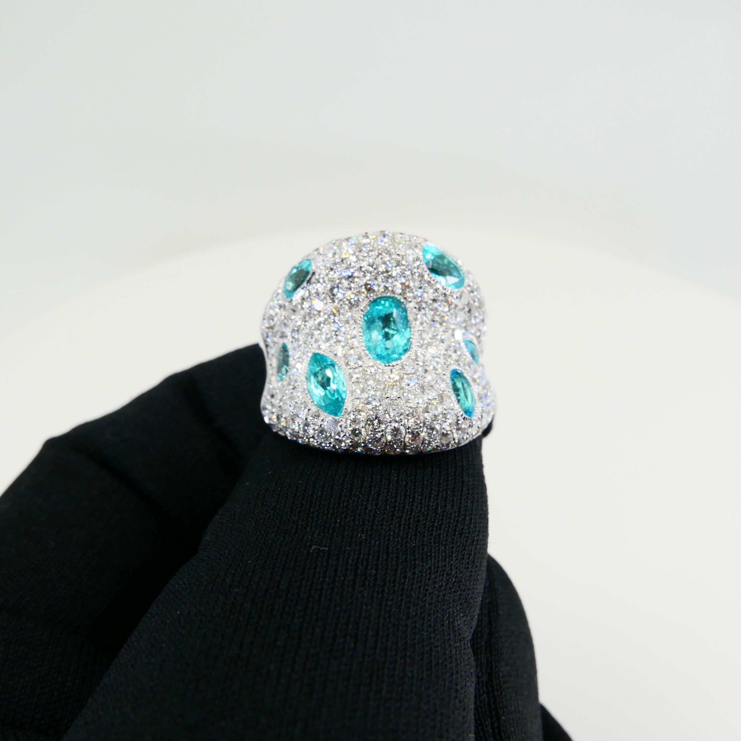 Fancy Modern Neon Blue Paraiba Tourmaline Diamond Cocktail Ring, Statement Piece 2