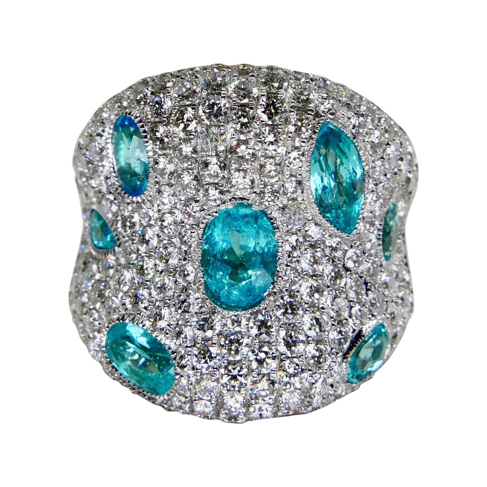 Fancy Modern Neon Blue Paraiba Tourmaline Diamond Cocktail Ring, Statement Piece