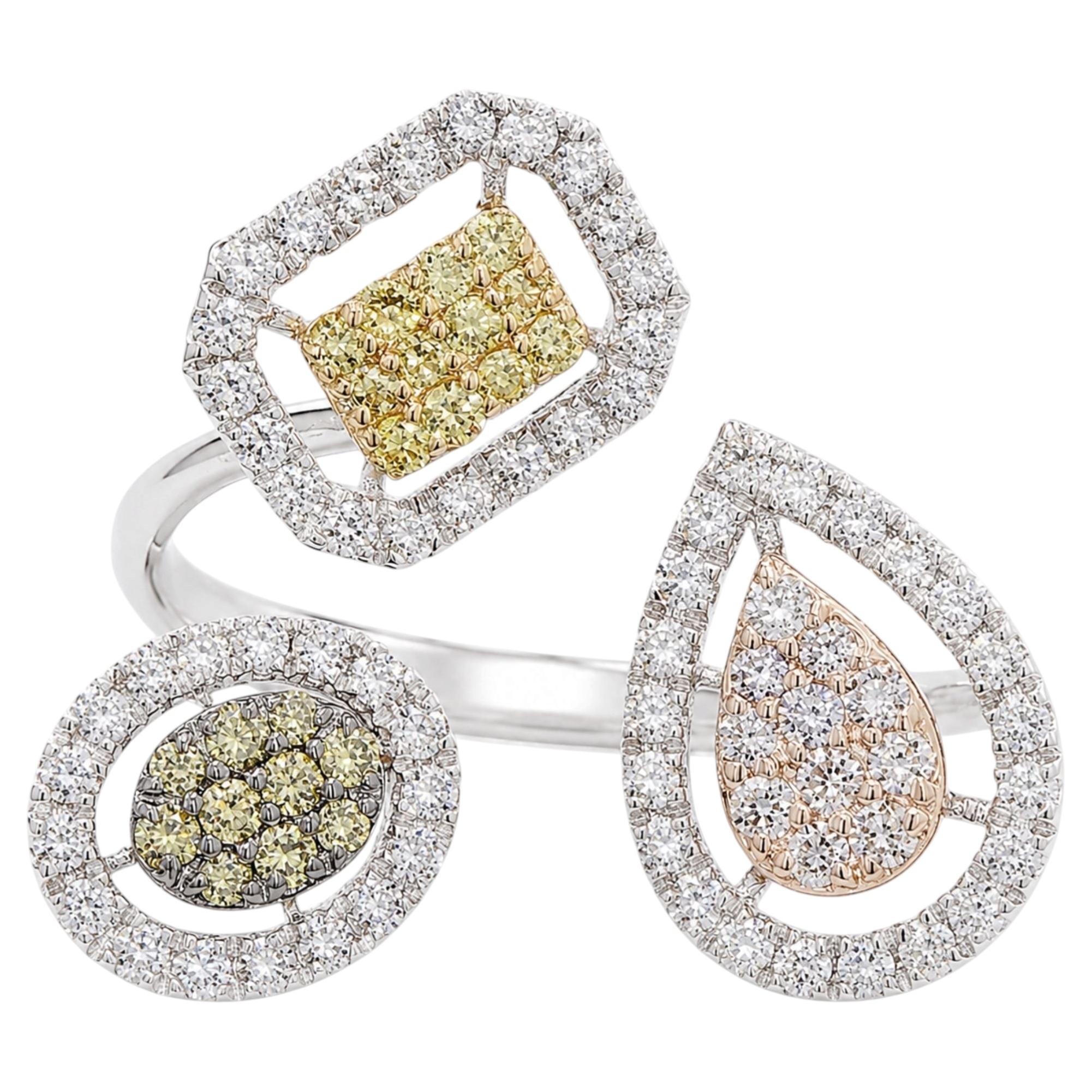 Fancy Multi Color Halo Natural Diamond Bypass Ring in 18k Solid Gold (Certified) For Sale