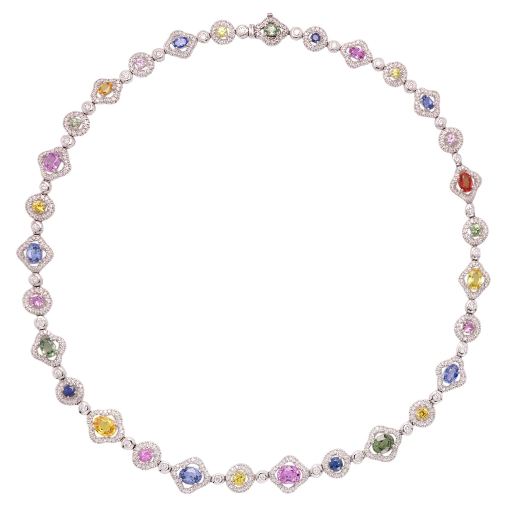 Fancy Multi Sapphire Necklace 18 Karat Gold Multi Color Gemstones, All Natural