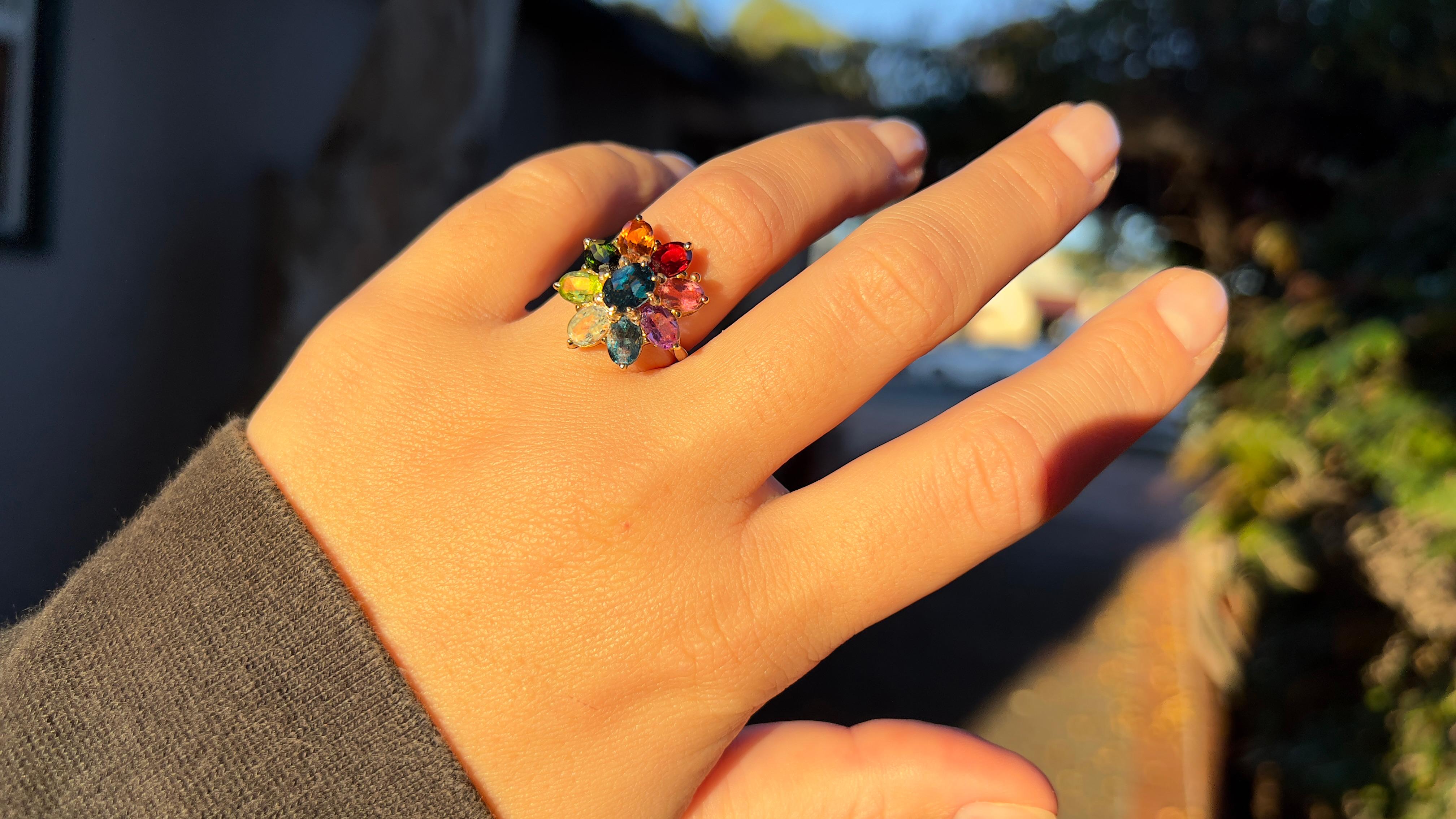 Contemporary Fancy Multicolor Gemstone Floral Ring 18K Yellow Gold For Sale