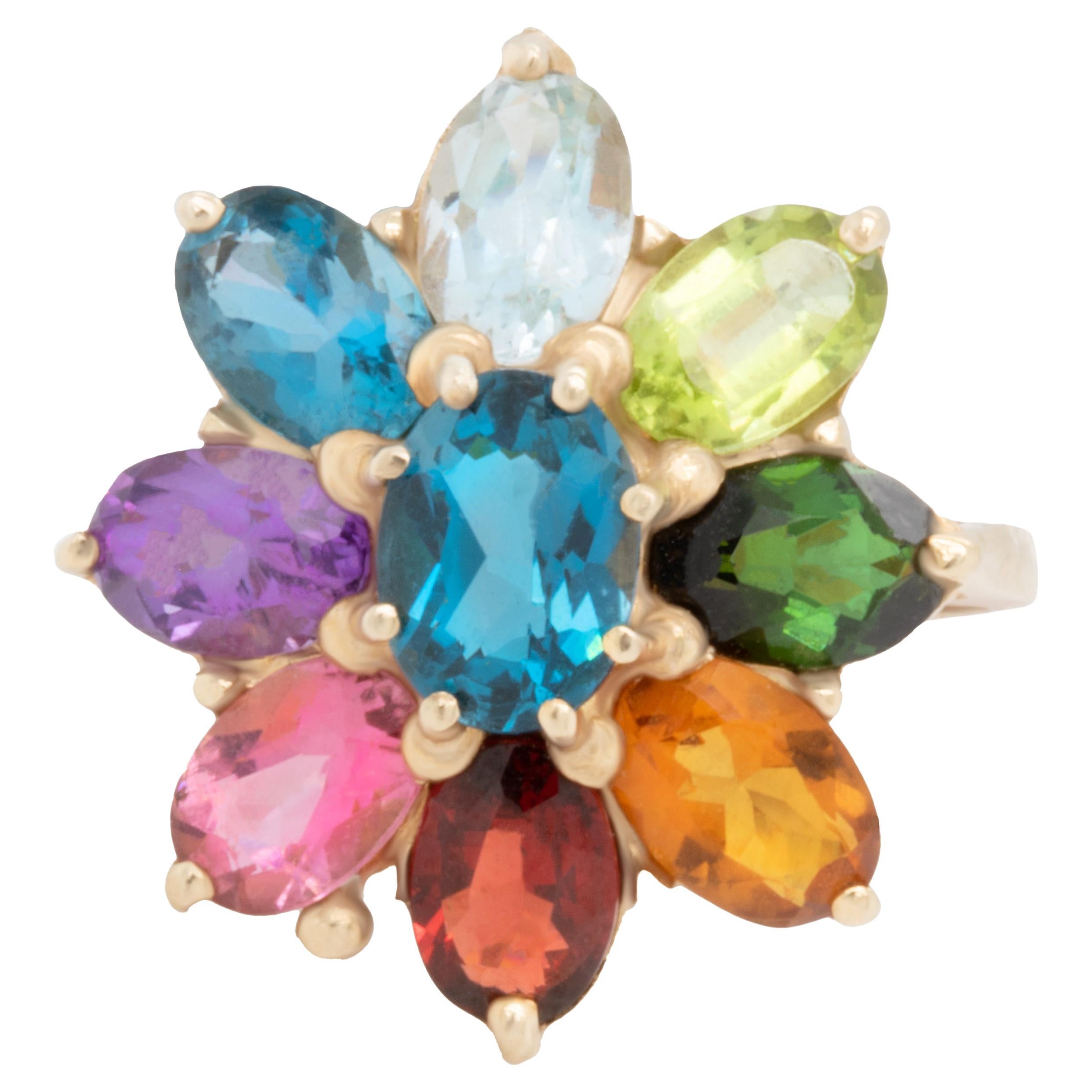 Fancy Multicolor Gemstone Floral Ring 18K Yellow Gold For Sale