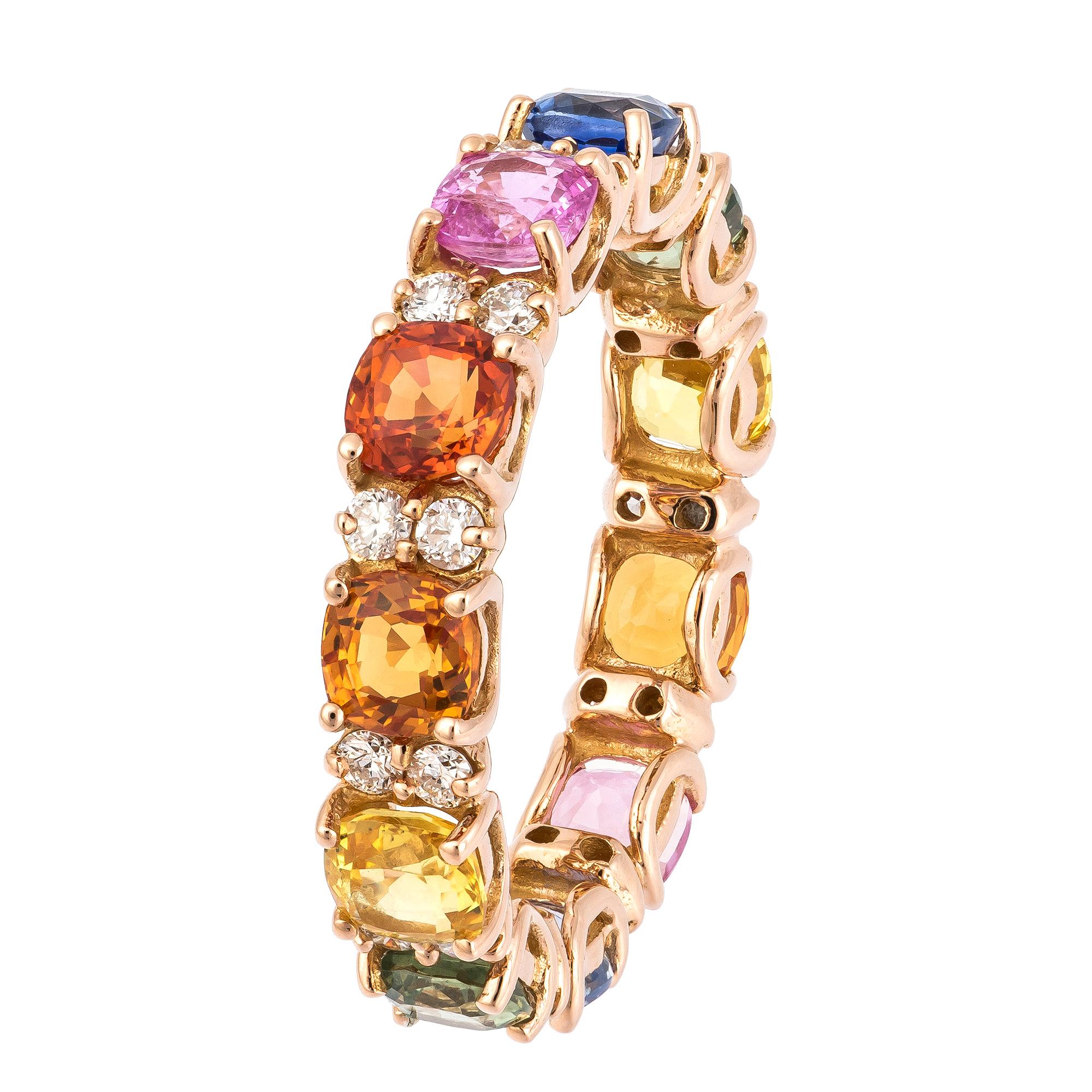 RING 18K Rose Gold Diamond 0.48 Cts/22 Pcs Multi Sapphire 3.73 Cts/11 Pcs