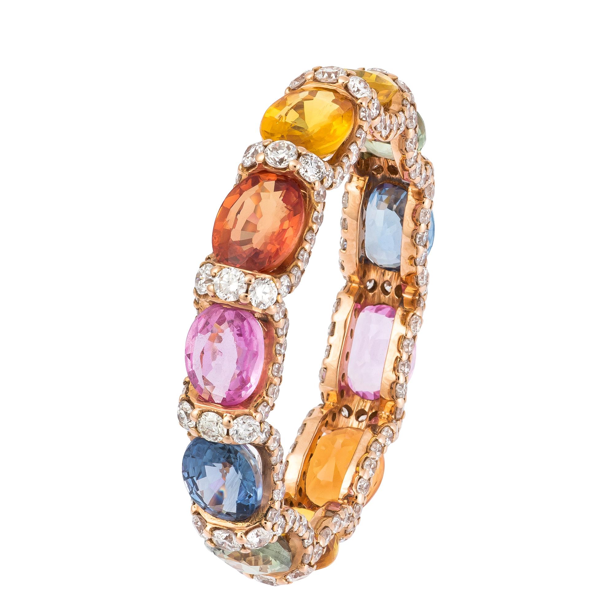 Round Cut Fancy Multisapphire Diamond Rose Gold 18k Colourful Rainbow Ring for Her For Sale