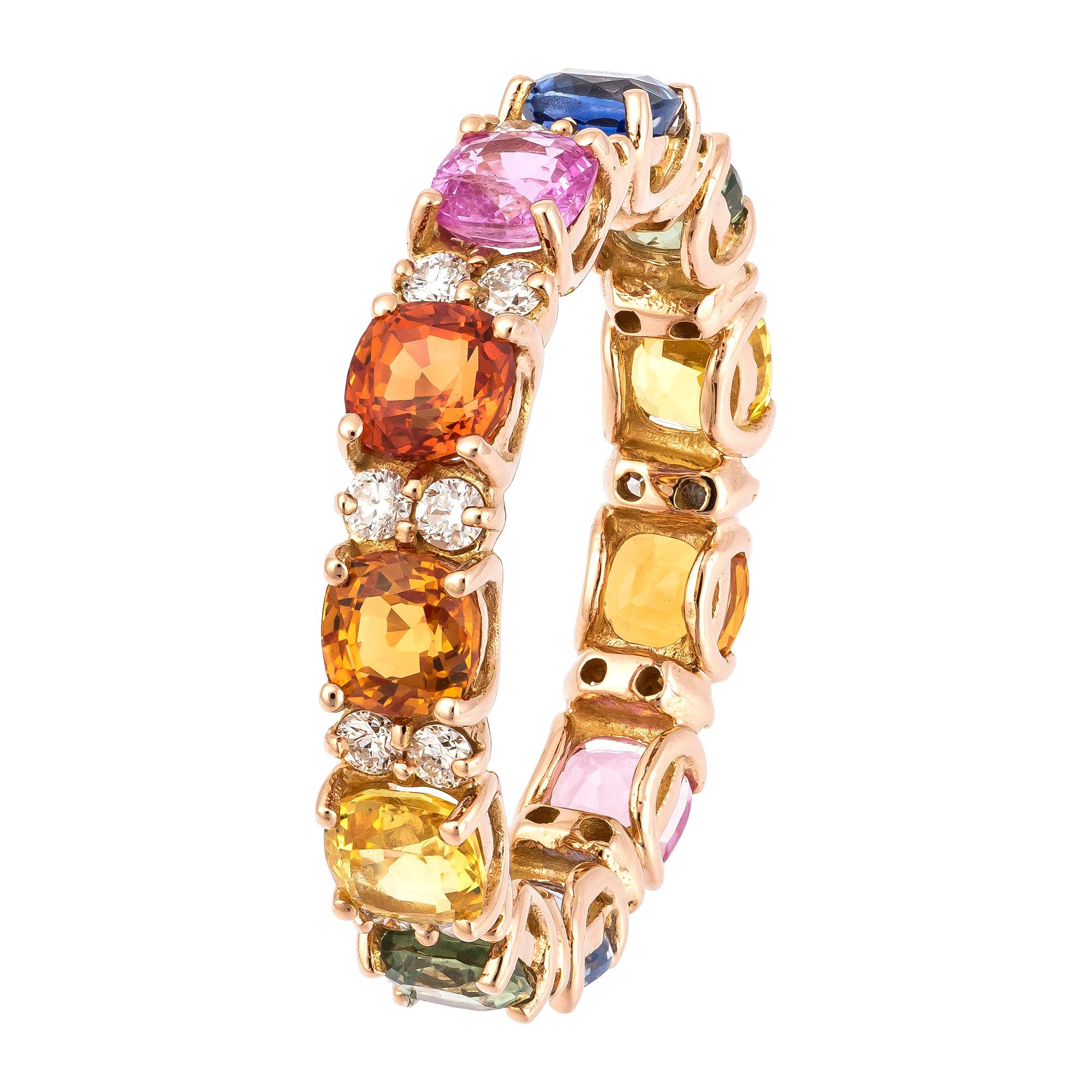 Bague arc-en-ciel coloré en or rose 18 carats avec multi saphirs fantaisie et diamants pour elle
