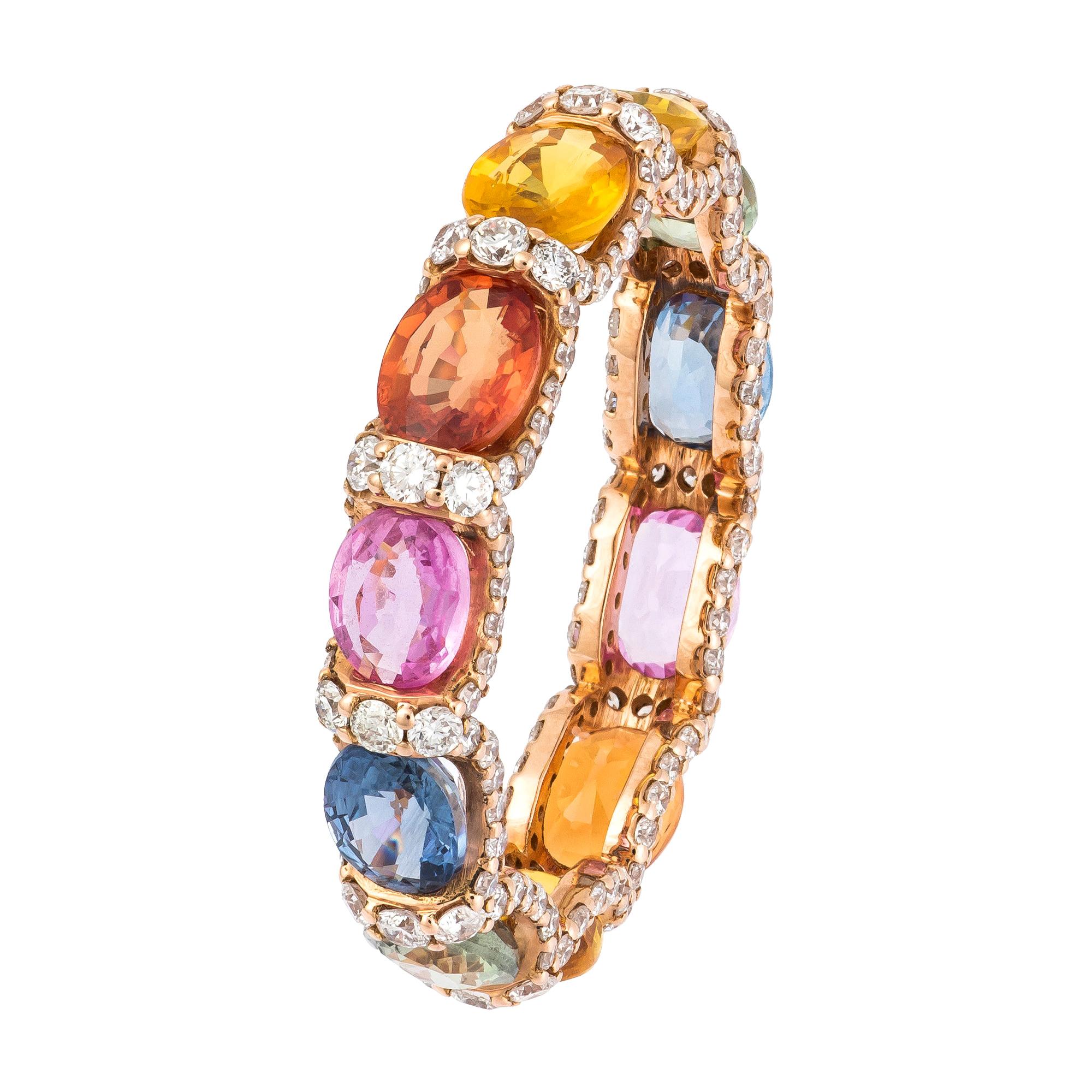 Fancy Multisapphire Diamond Rose Gold 18k Colourful Rainbow Ring for Her For Sale