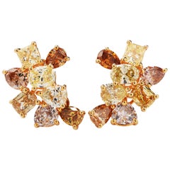 Fancy Natural Multi-Color Diamond Cluster 18 Karat Gold Stud Earring