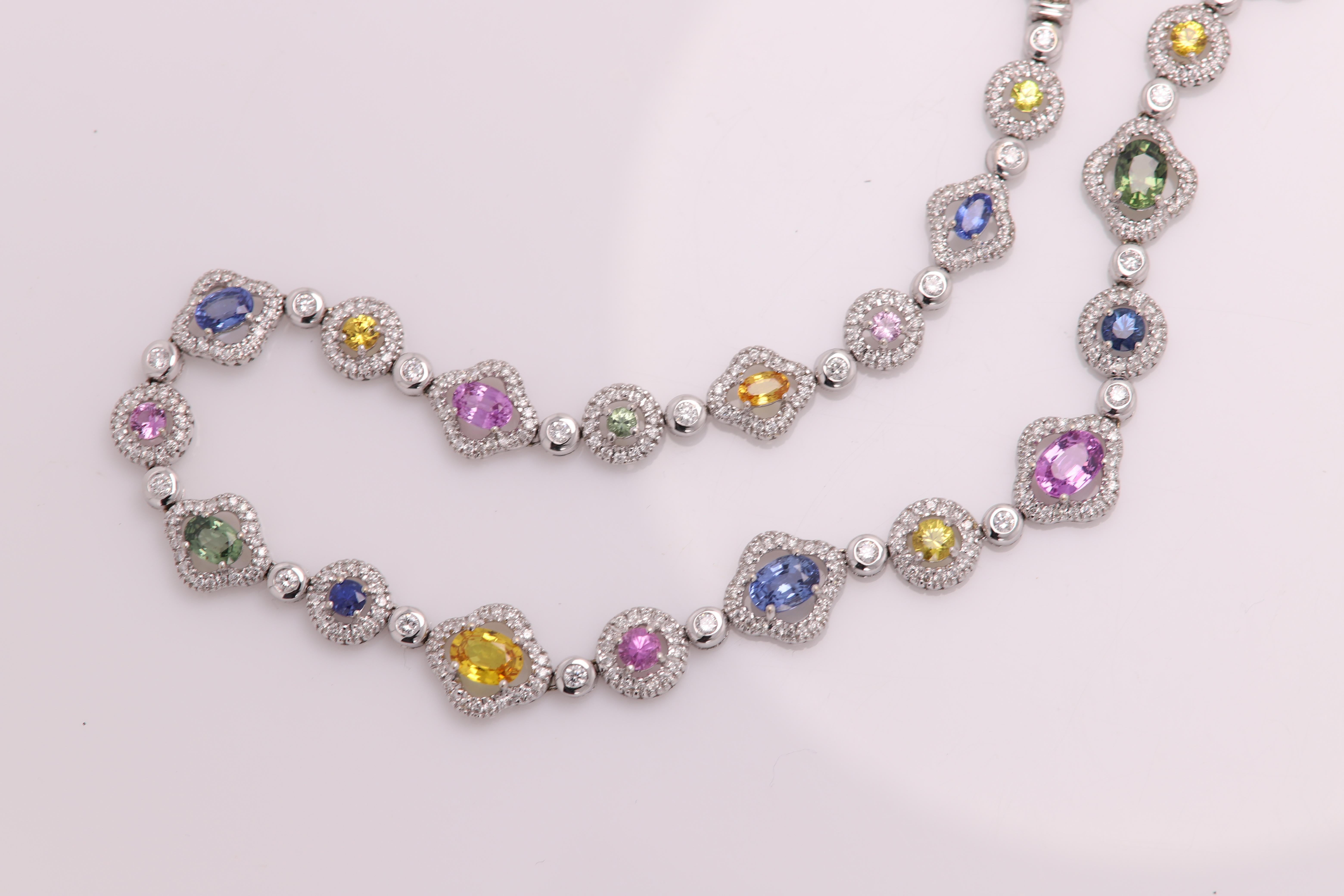 Fancy Necklace Multi Sapphire and Diamonds 18 Karat Gold Multi Color Gemstones 6