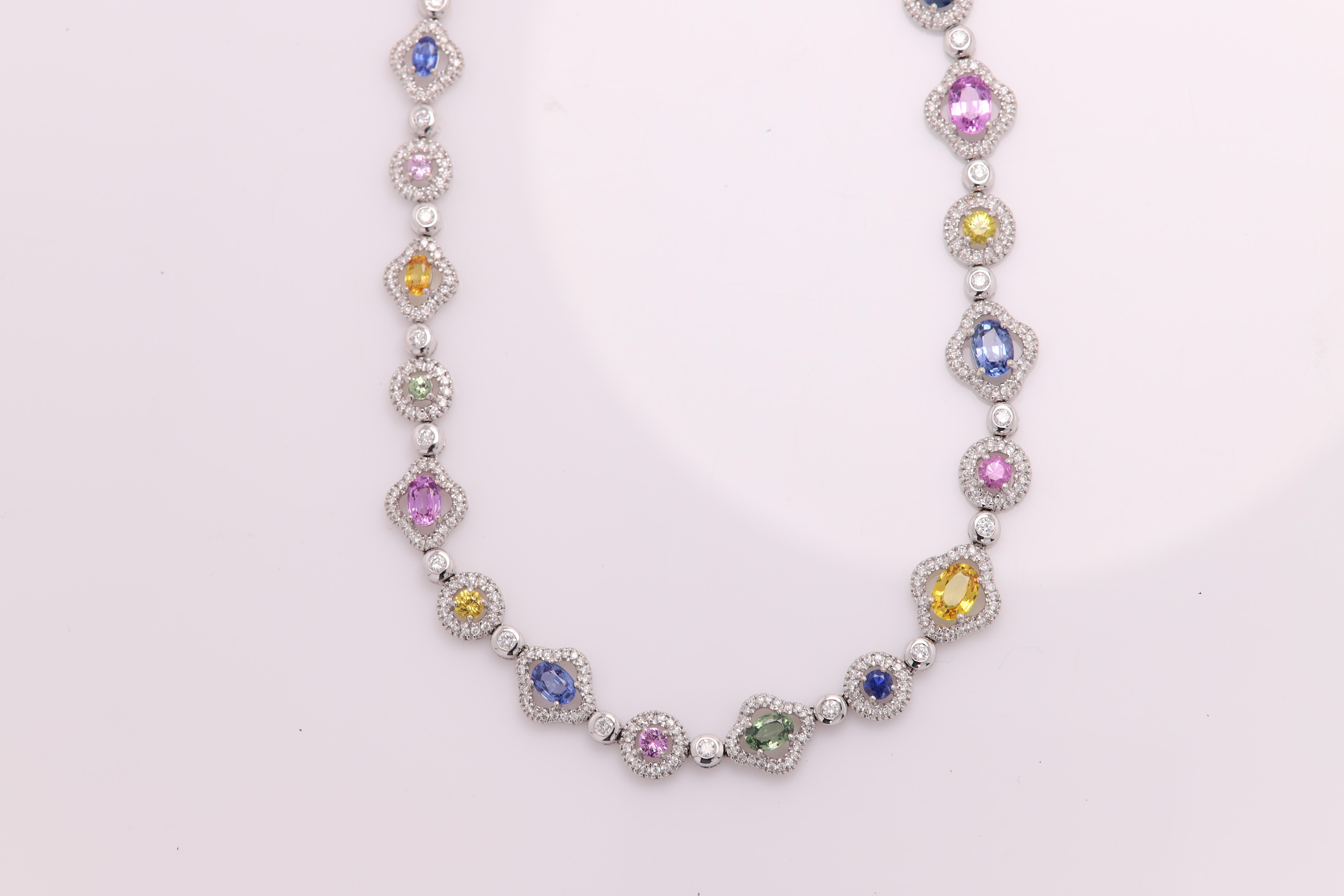 Fancy Necklace Multi Sapphire and Diamonds 18 Karat Gold Multi Color Gemstones 7