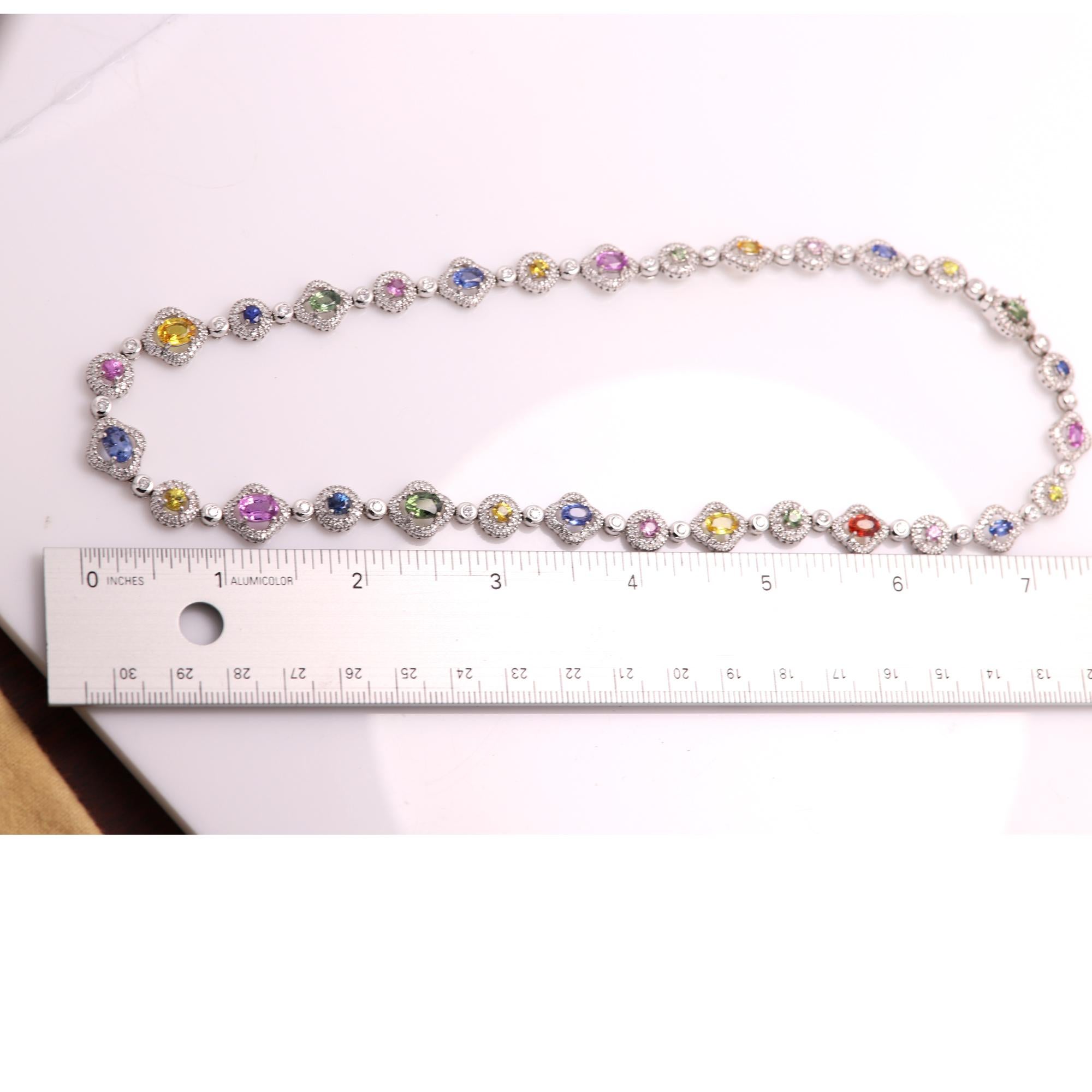 ONE-OF-A KIND SAPPHIRE NECKLACE
BRILLIANT COLORS - FANCY NATURAL GEMSTONE NECKLACE
18K WHITE GOLD  39 GRAMS
MULTI COLOR NATURAL SAPPHRIES PLUS NATURAL DIAMONDS
TOTAL NATURAL SAPPHIRES APPROX 9.50 CARAT  CLEAN NICE STONES ! AAA
TOTAL NATURAL DIAMONDS