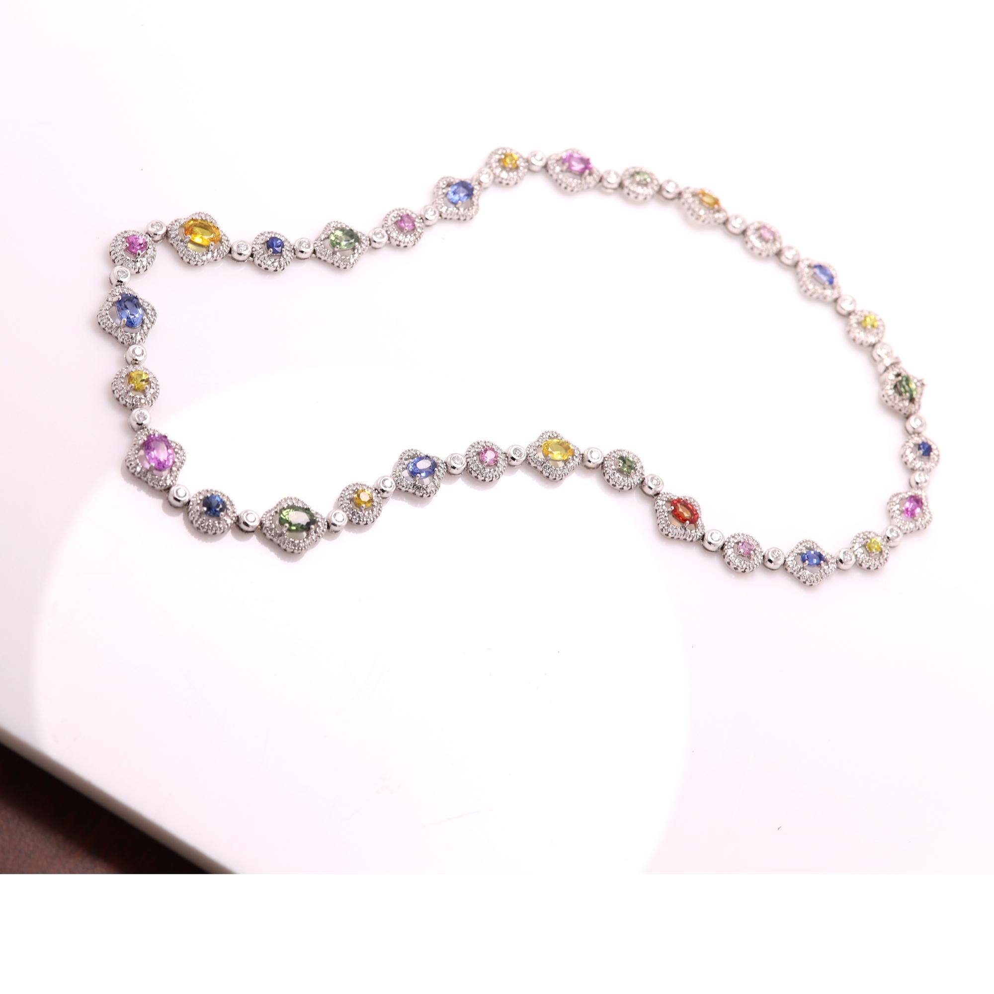 Oval Cut Fancy Necklace Multi Sapphire and Diamonds 18 Karat Gold Multi Color Gemstones