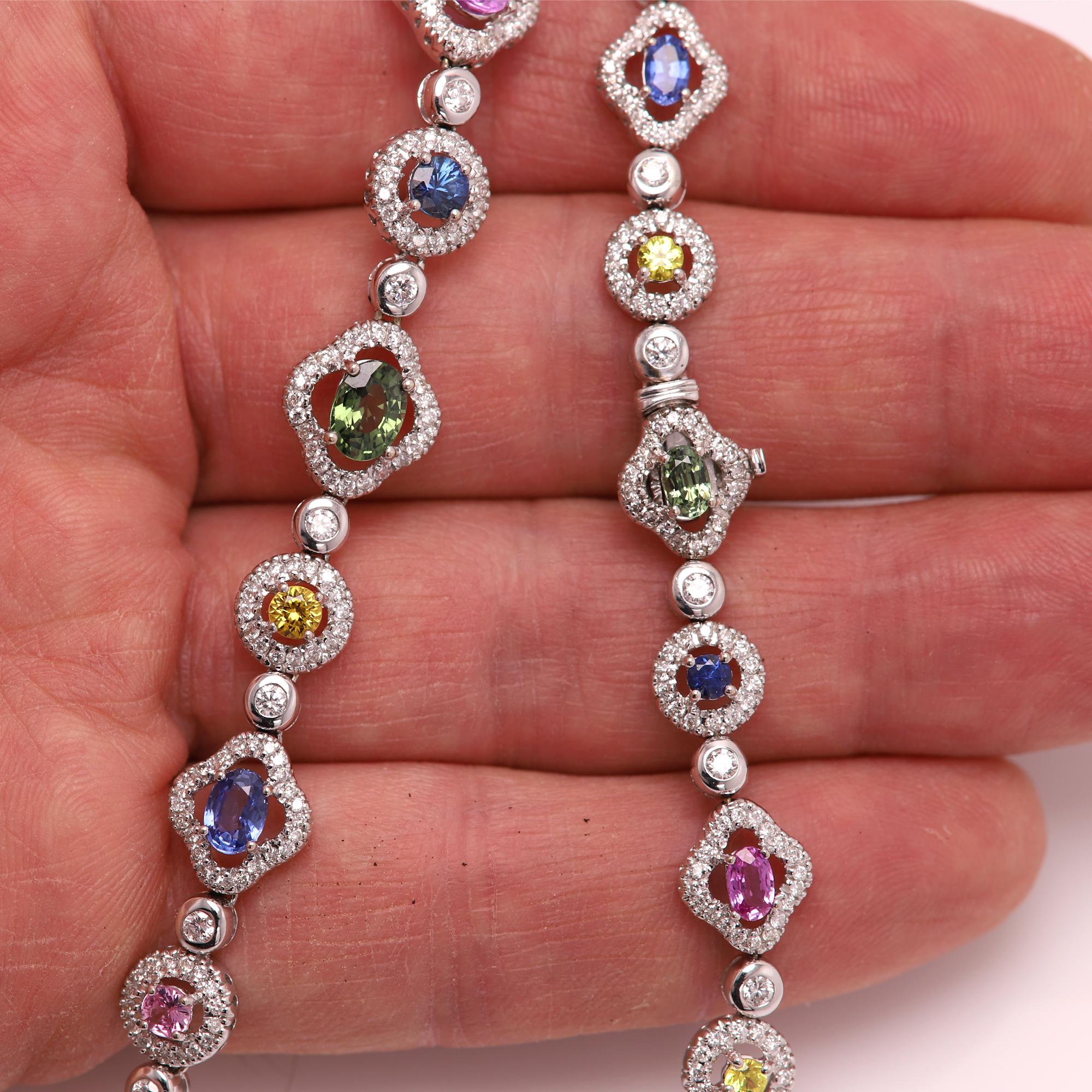 Women's Fancy Necklace Multi Sapphire and Diamonds 18 Karat Gold Multi Color Gemstones