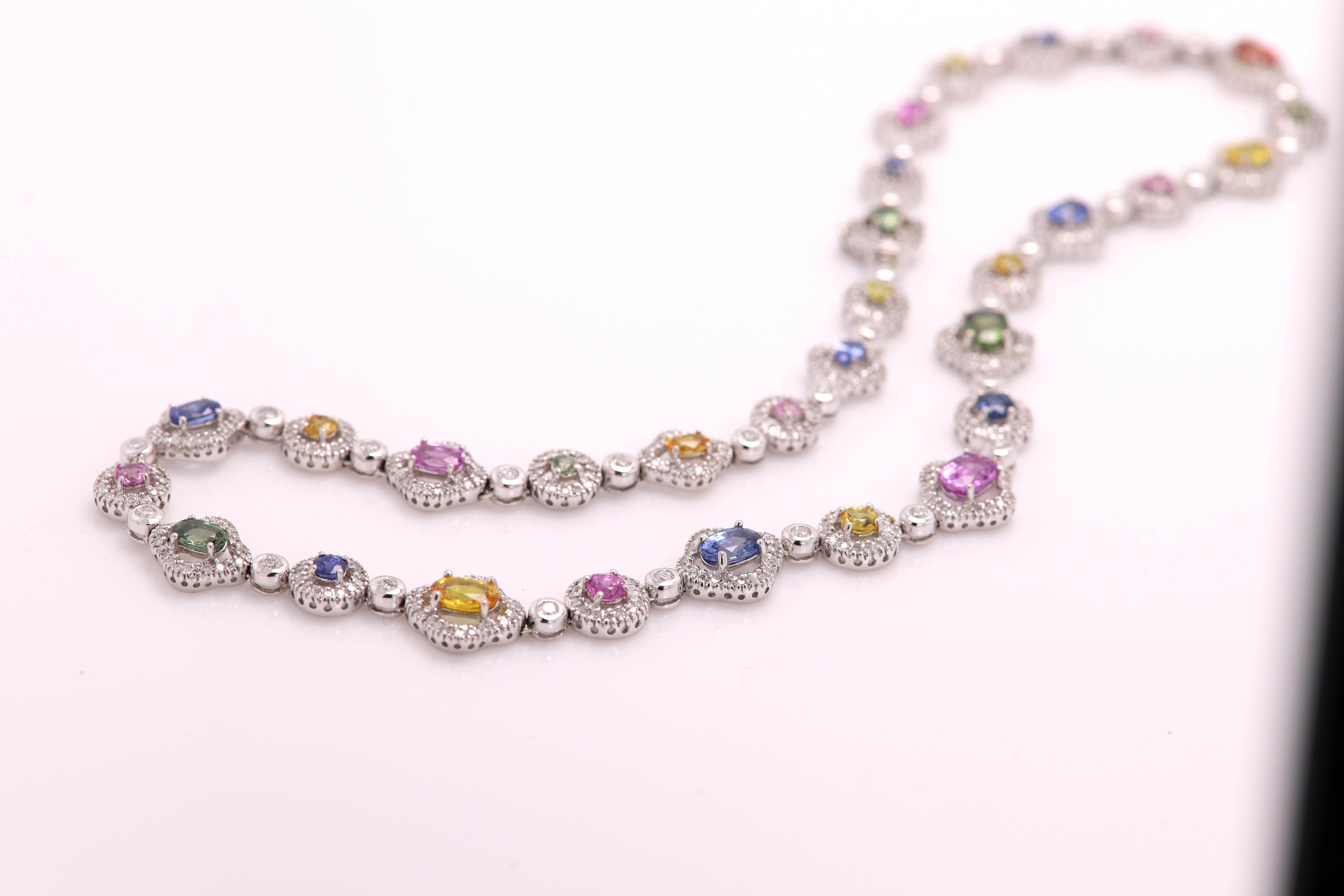 Fancy Necklace Multi Sapphire and Diamonds 18 Karat Gold Multi Color Gemstones 2