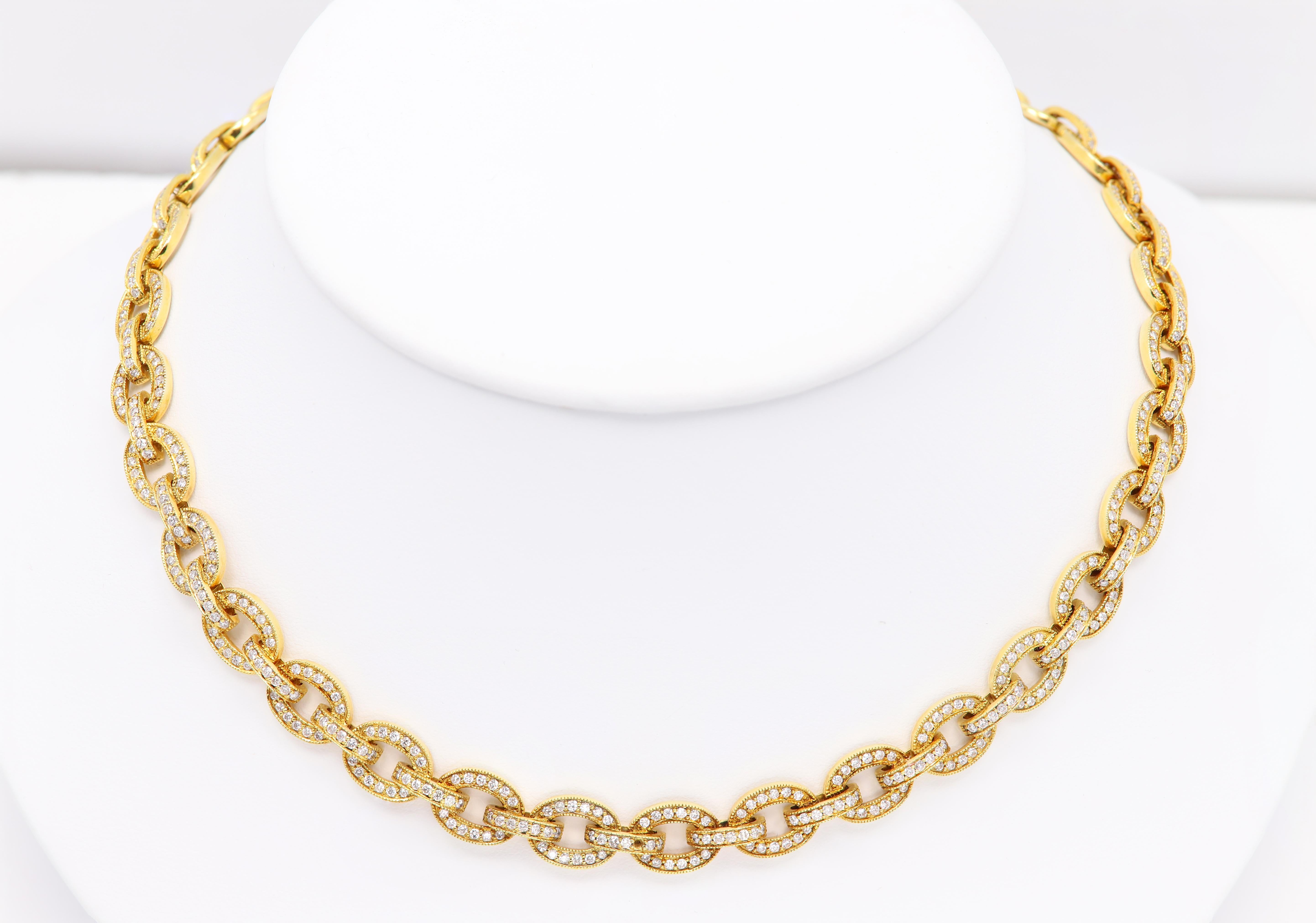 14K Yellow Gold with all Natural Diamond Necklace
Brilliant Elegant Impressive Necklace.
Cluster Prong Setting
Style: Link Chain 
Layout and the necklace rest is just perfect Combination
Total Diamonds 4.40 Carat. of GH-SI Quality
Total Weight 20