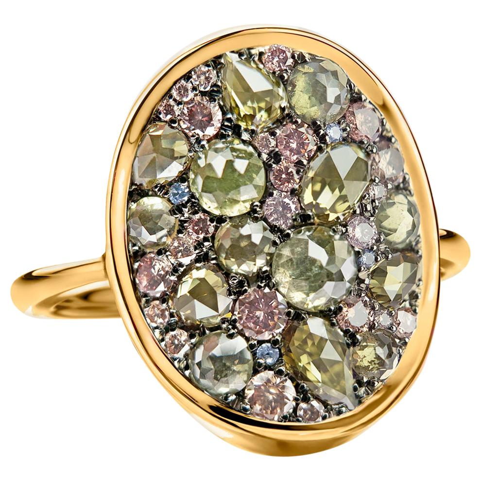 Fancy Olive Green Pink Diamond, Rose Cut & Briljant-Cut Diamond Pave Mosaic Ring