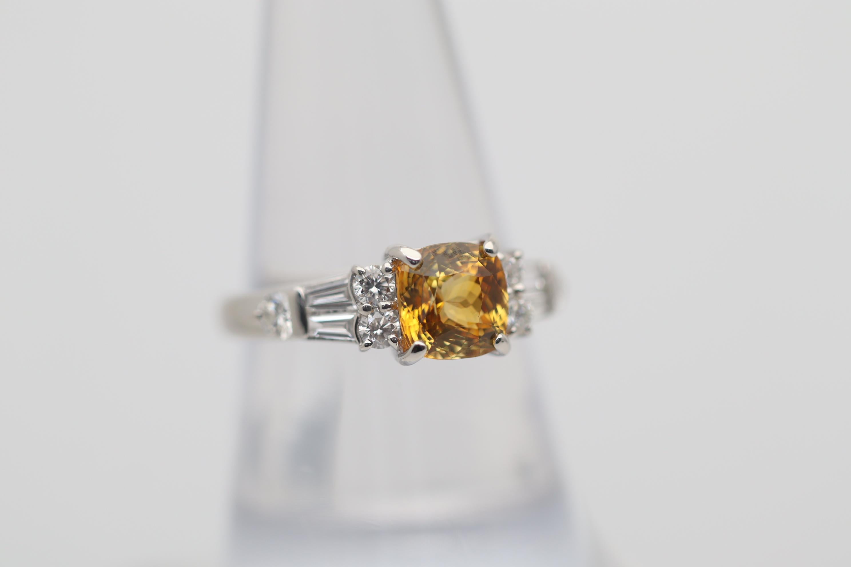 Cushion Cut Fancy Orange-Yellow Sapphire Diamond Platinum Ring For Sale