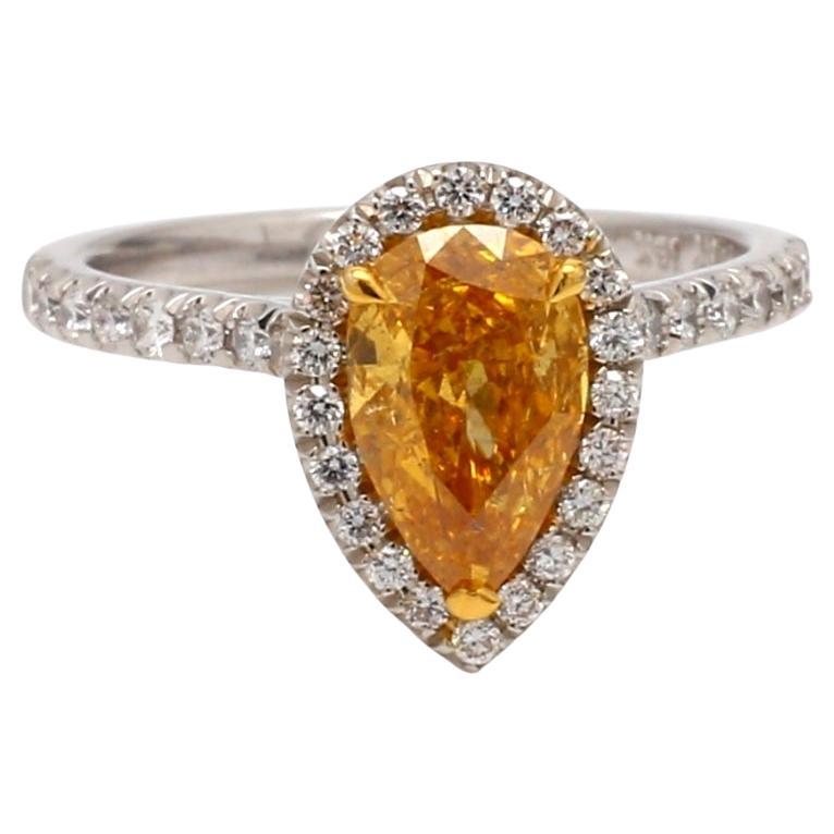 Fancy Orangy Yellow Diamond Ring with Round Diamond Accents For Sale