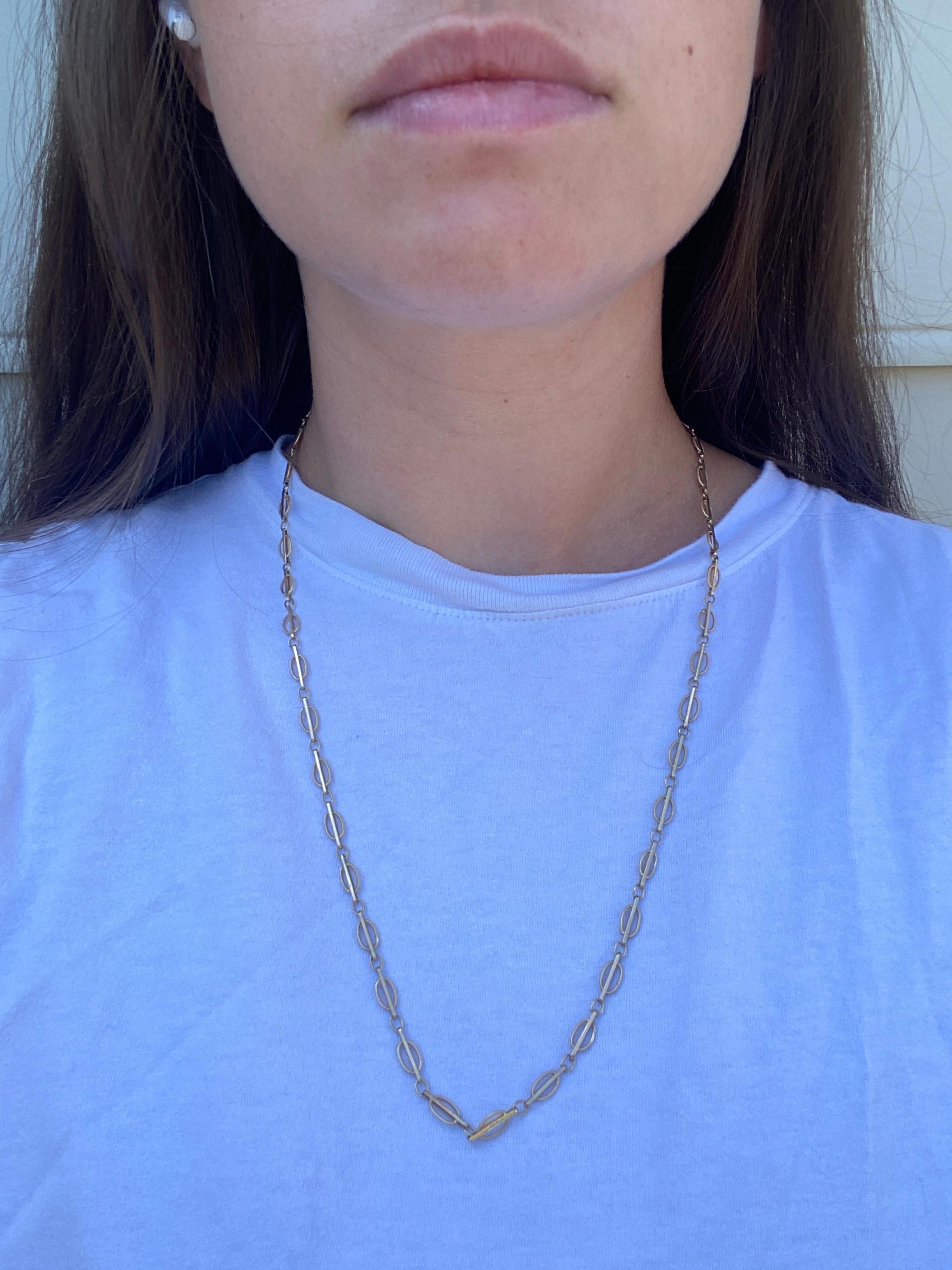 Fancy Oval Bar Link Chain Necklace, 14KT Yellow Gold, Length 24.5 Inch, Vintage For Sale 1
