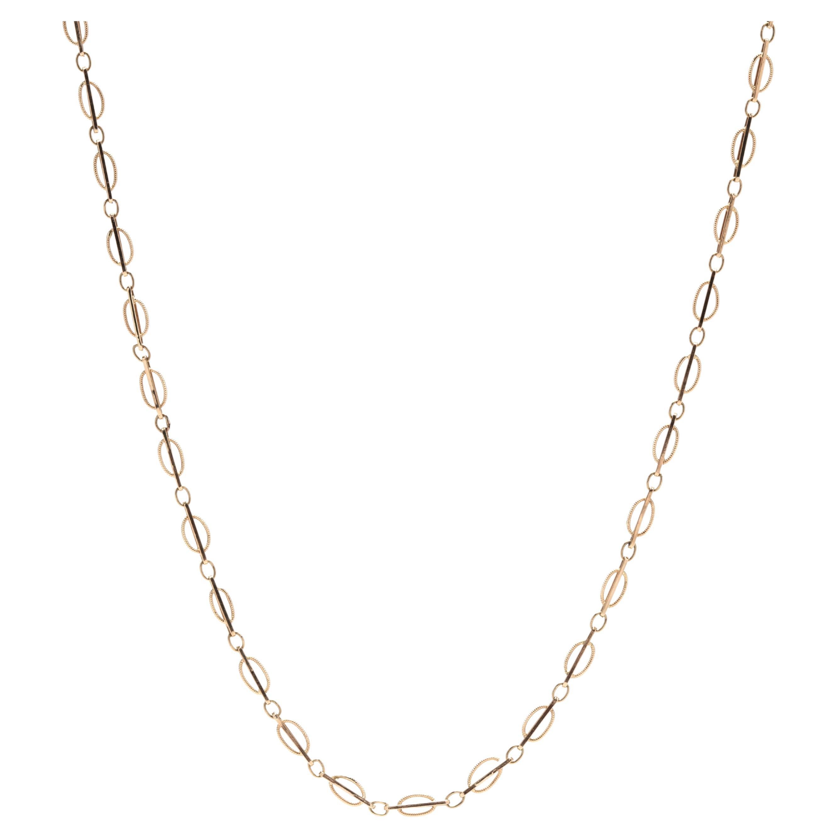 Fancy Oval Bar Link Chain Necklace, 14KT Yellow Gold, Length 24.5 Inch, Vintage