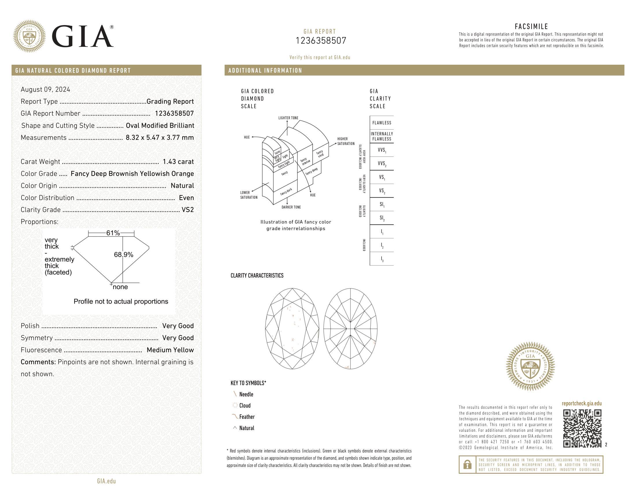 Diamant naturel ovale de 1,43 carat certifié par le GIA, brunâtre foncé jauneâtre orangé Unisexe en vente