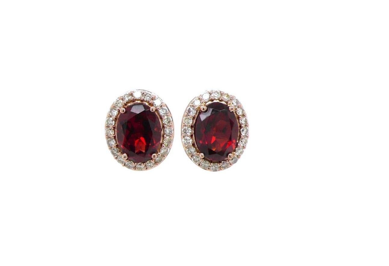 Modern Oval Red Rhodolite Garnet Diamond Halo 18 Karat Rose Gold Stud Romance Earrings For Sale