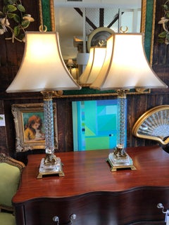Fancy Pair of Crystal & Brass Corinthian Column Table Lamps