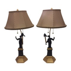 Vintage Fancy Pair of Frederick Cooper Patinated and Gilt Bronze Figural Table Lamps