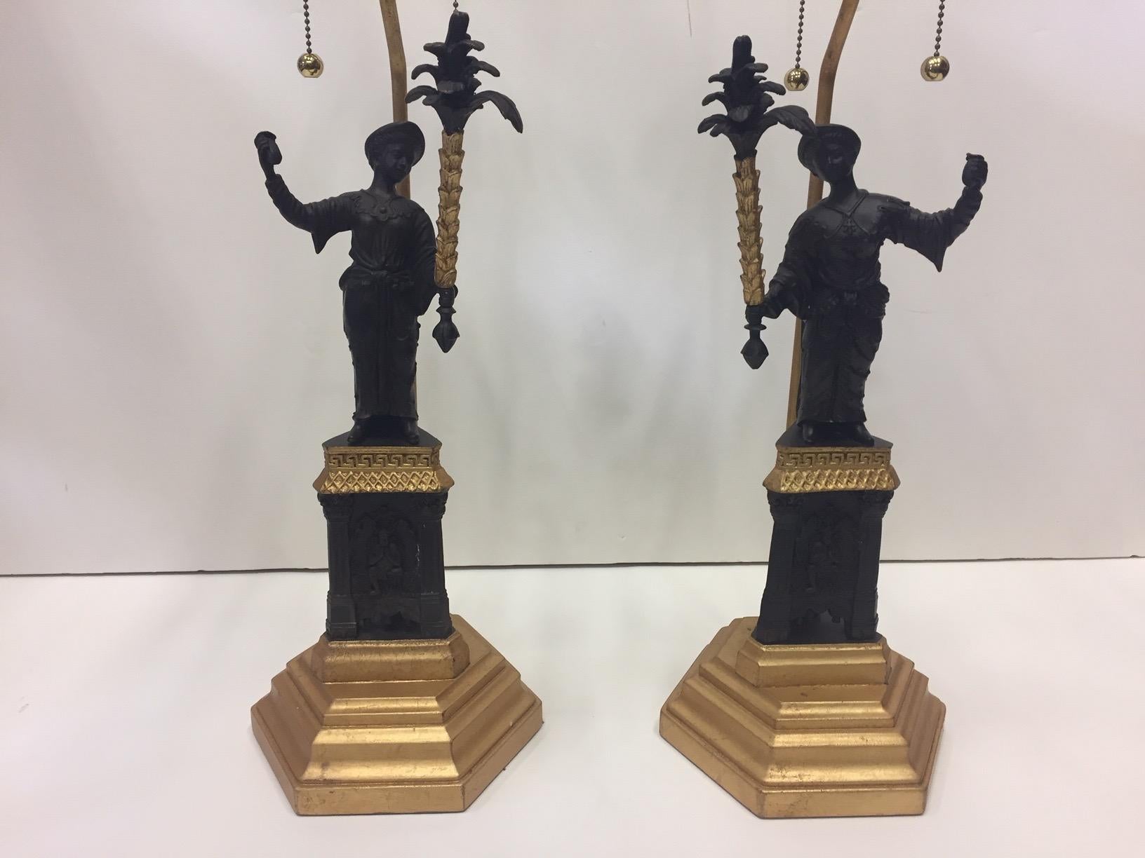 North American Fancy Pair of Frederick Cooper Patinated and Gilt Bronze Figural Table Lamps
