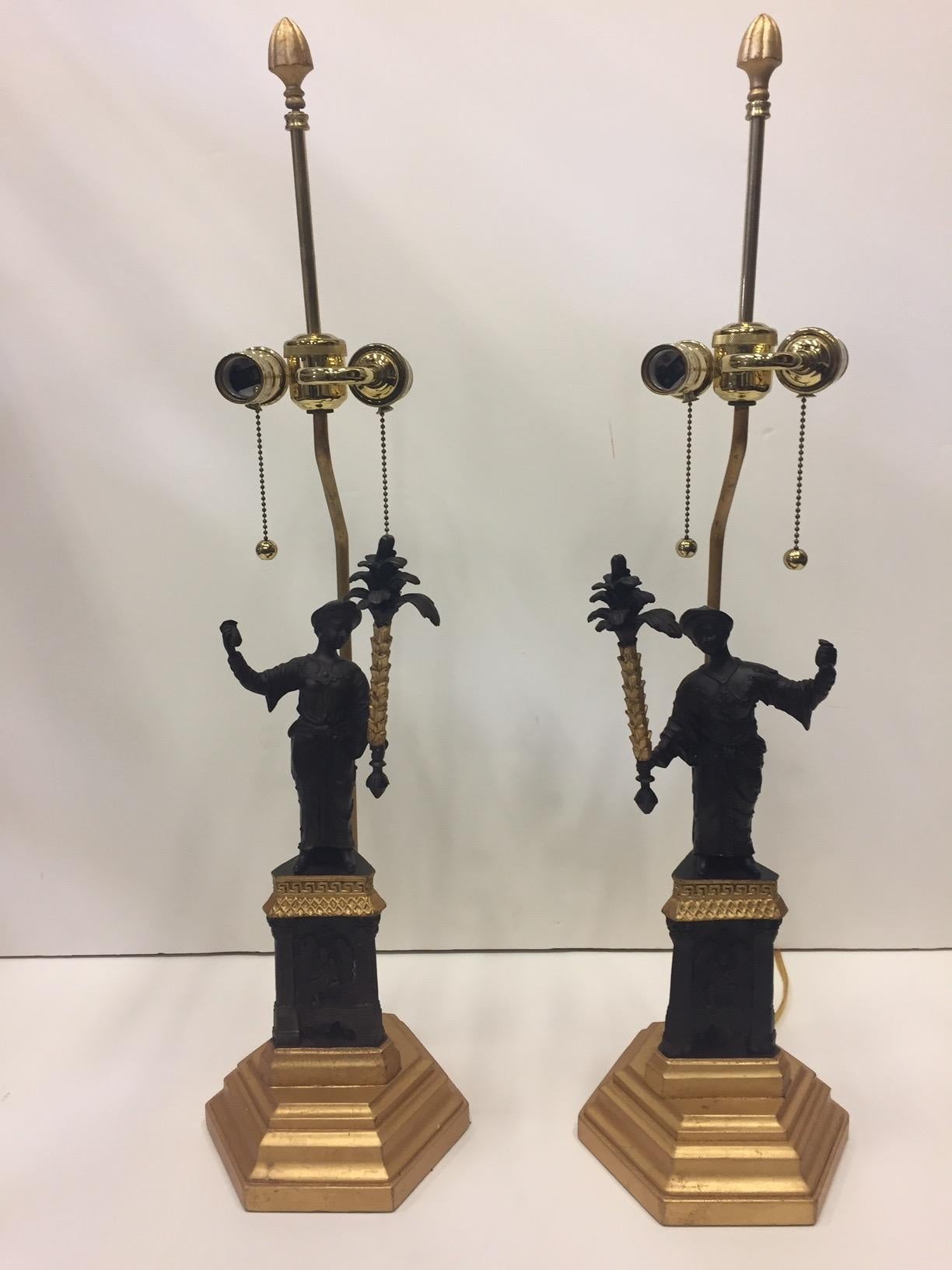 Fancy Pair of Frederick Cooper Patinated and Gilt Bronze Figural Table Lamps In Excellent Condition In Hopewell, NJ