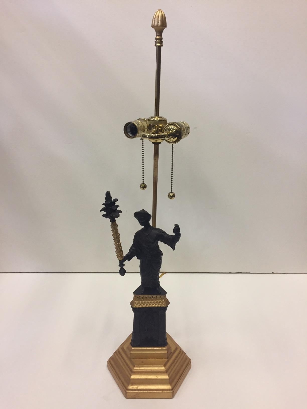 Late 20th Century Fancy Pair of Frederick Cooper Patinated and Gilt Bronze Figural Table Lamps