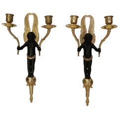 Fancy Pair of French Gilt and Patinated Bronze Wall Sconces with Putti