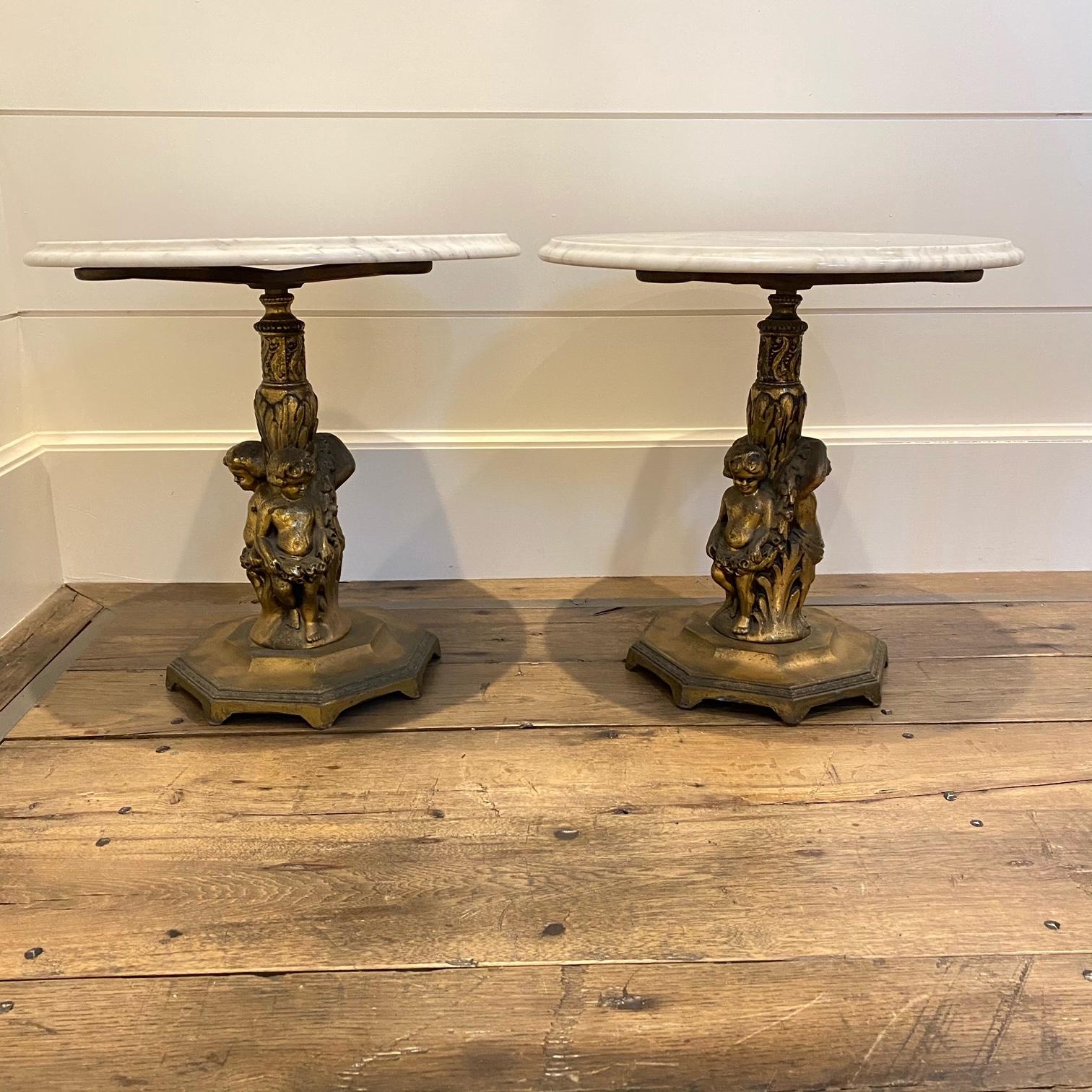 Gilt Fancy Pair of Italian Rococo Figural Marble-Top Side Tables