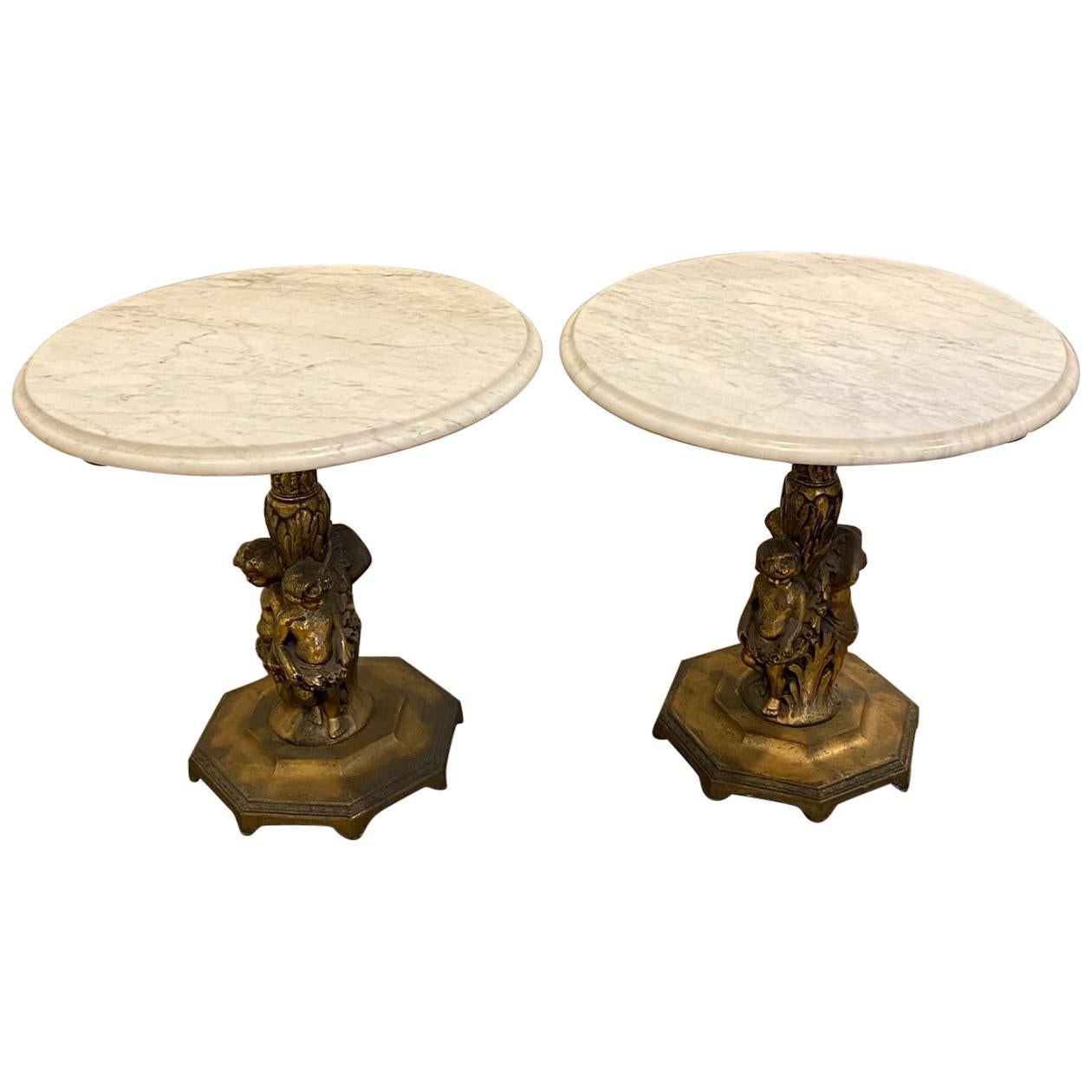 Fancy Pair of Italian Rococo Figural Marble-Top Side Tables