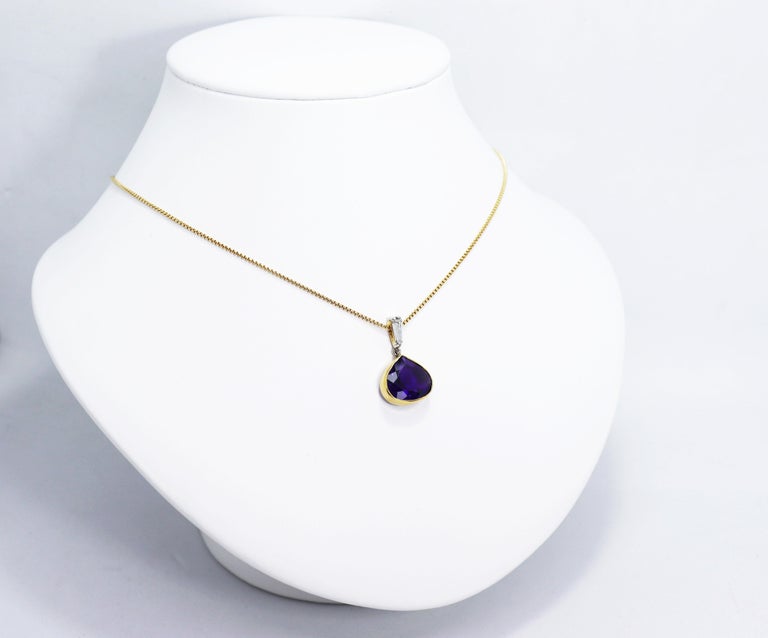 Fancy Pear Shape Amethyst and Diamond 18 Carat Gold Pendant For Sale at ...