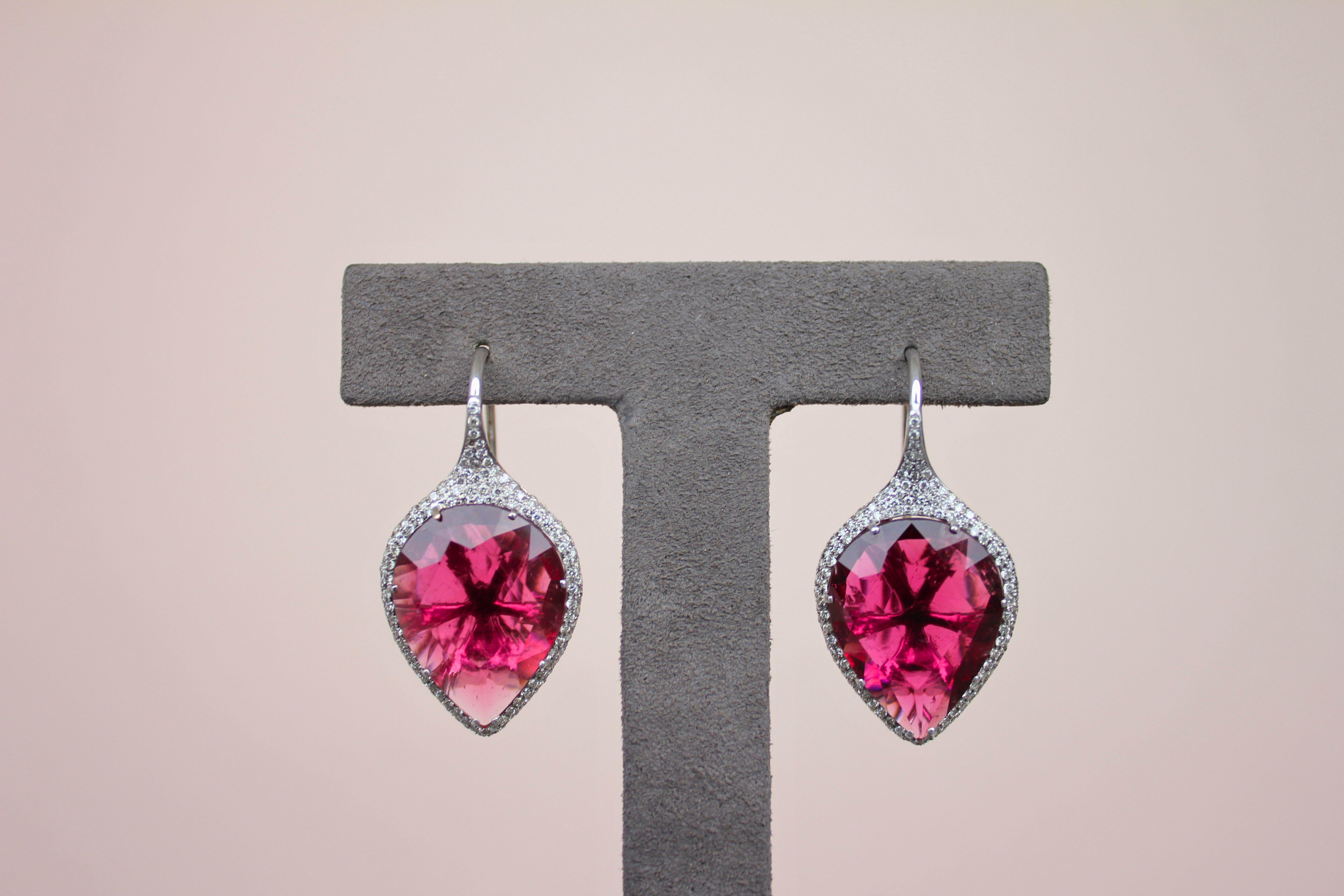 Fancy Pear Tear Drop Pink Red Rubellite Diamond Pave 18K White Gold Earrings For Sale 4