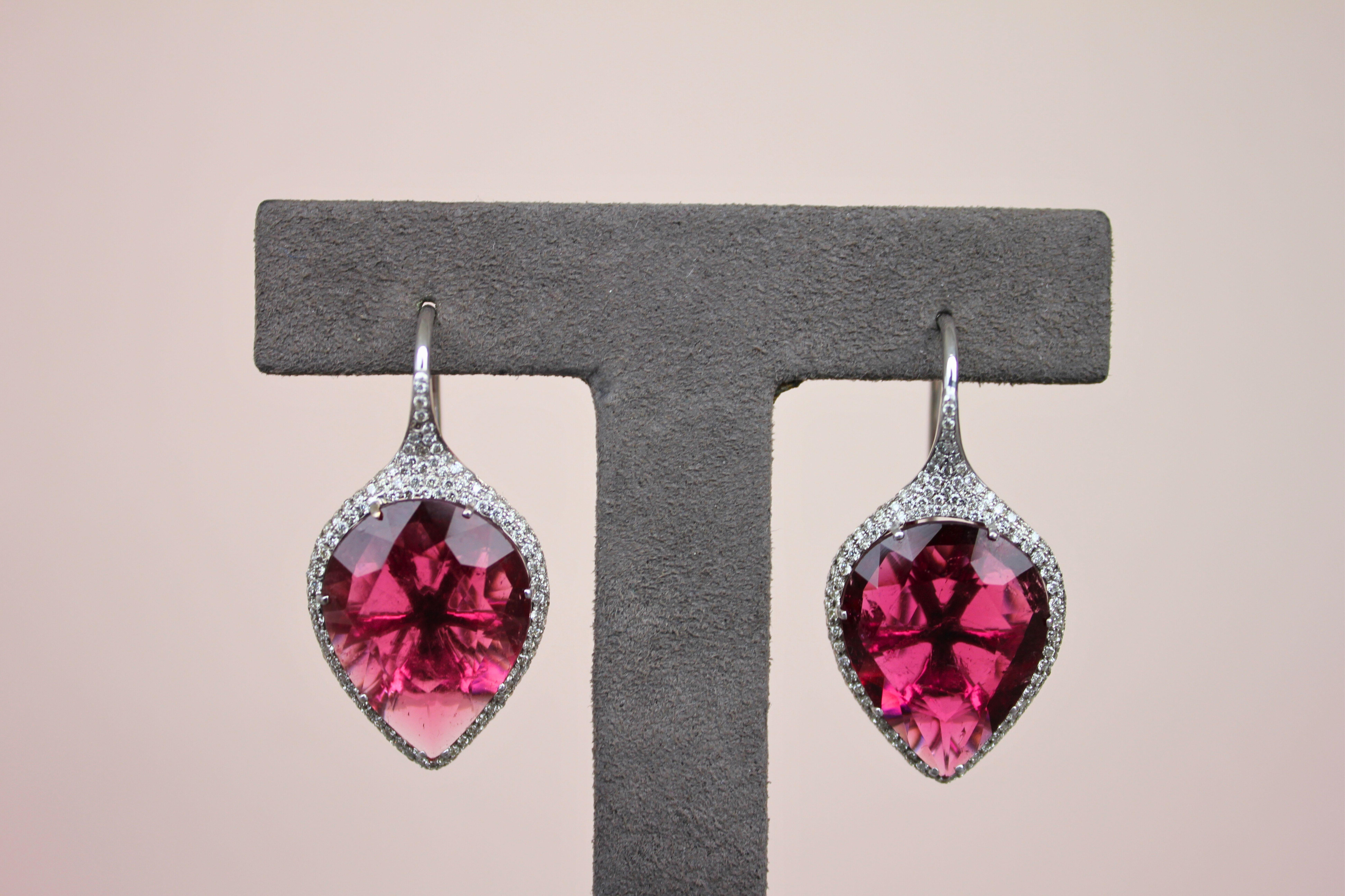 Fancy Pear Tear Drop Pink Red Rubellite Diamond Pave 18K White Gold Earrings For Sale 5