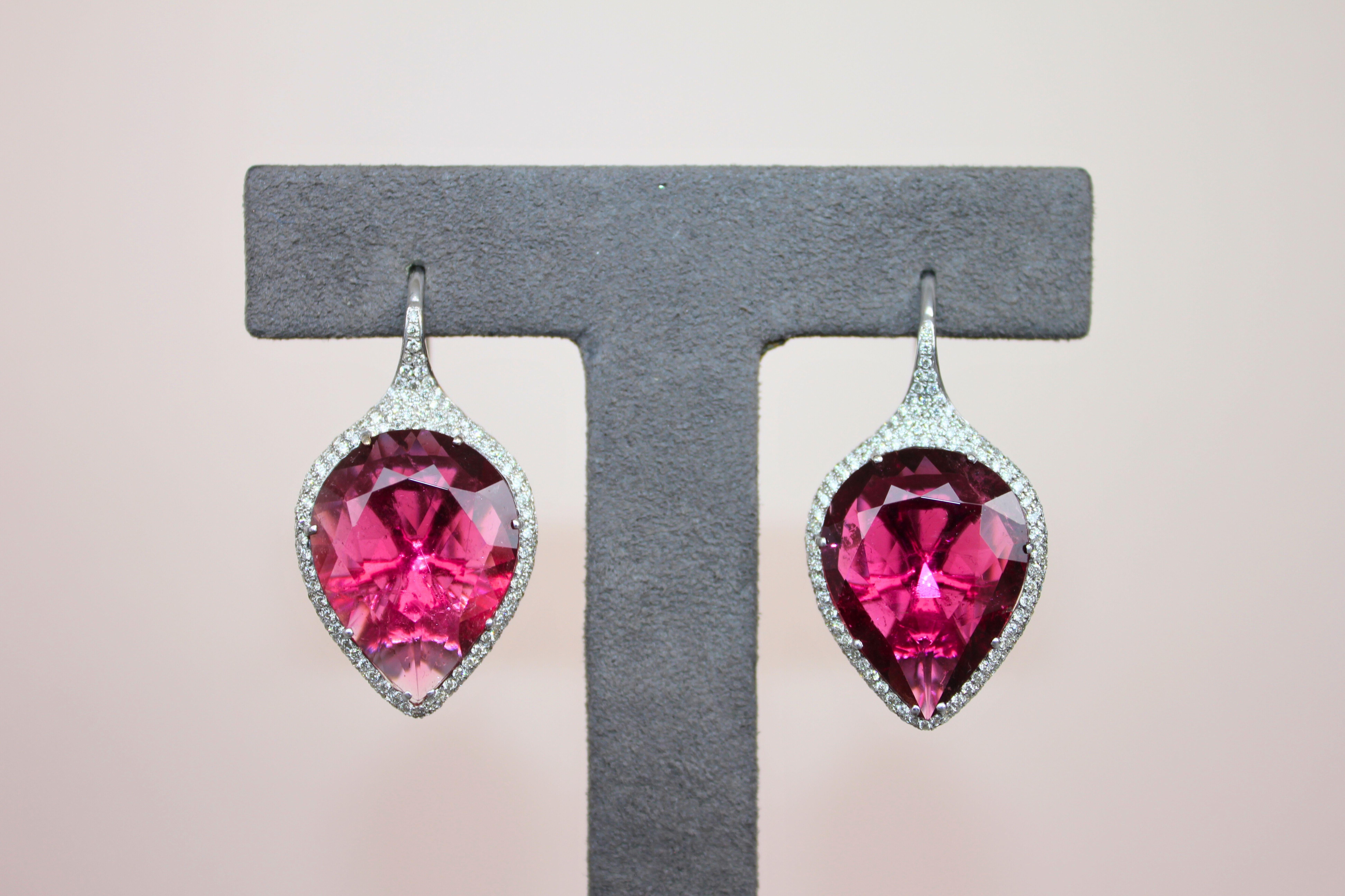 Fancy Pear Tear Drop Pink Red Rubellite Diamond Pave 18K White Gold Earrings For Sale 6