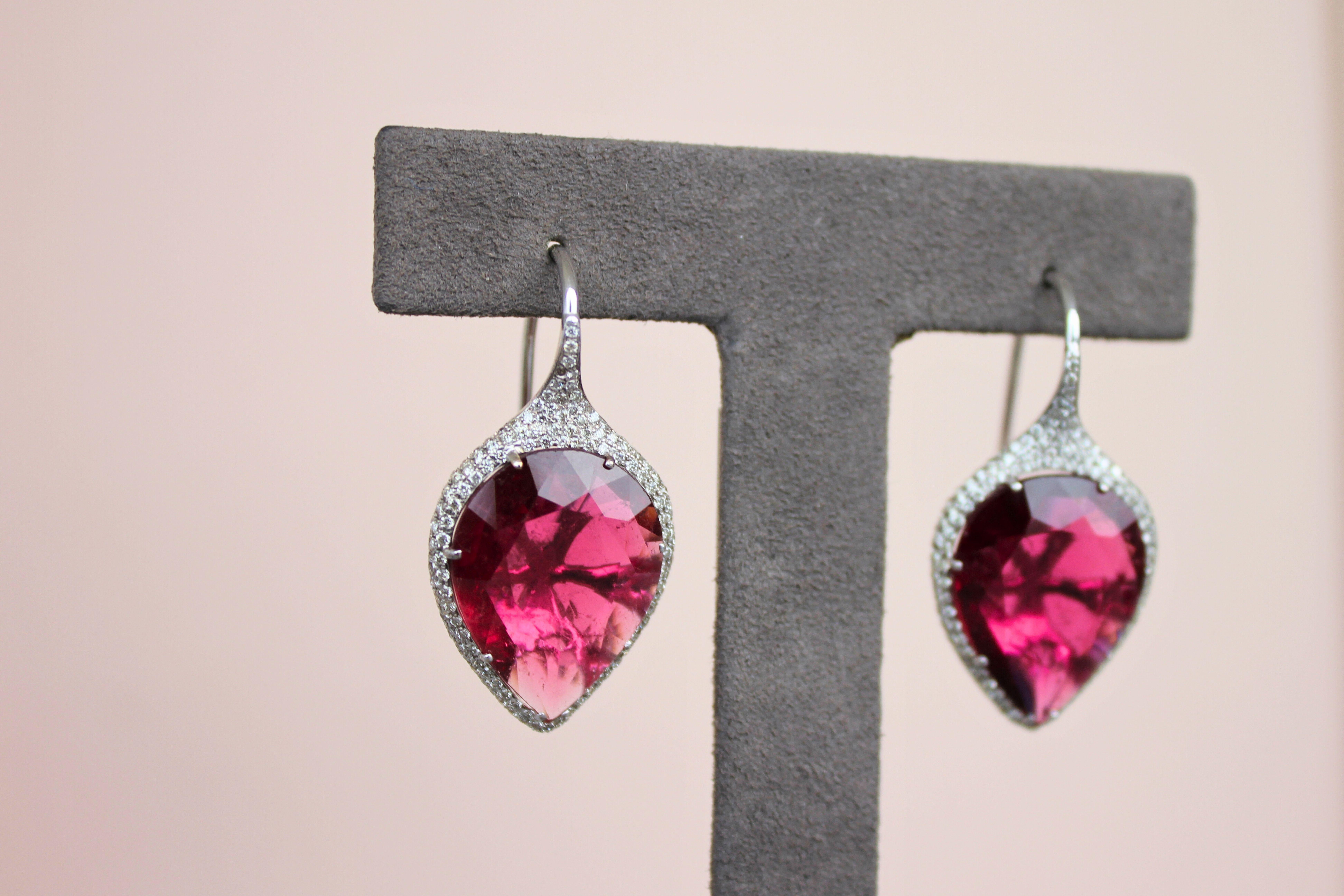 Fancy Pear Tear Drop Pink Red Rubellite Diamond Pave 18K White Gold Earrings For Sale 7