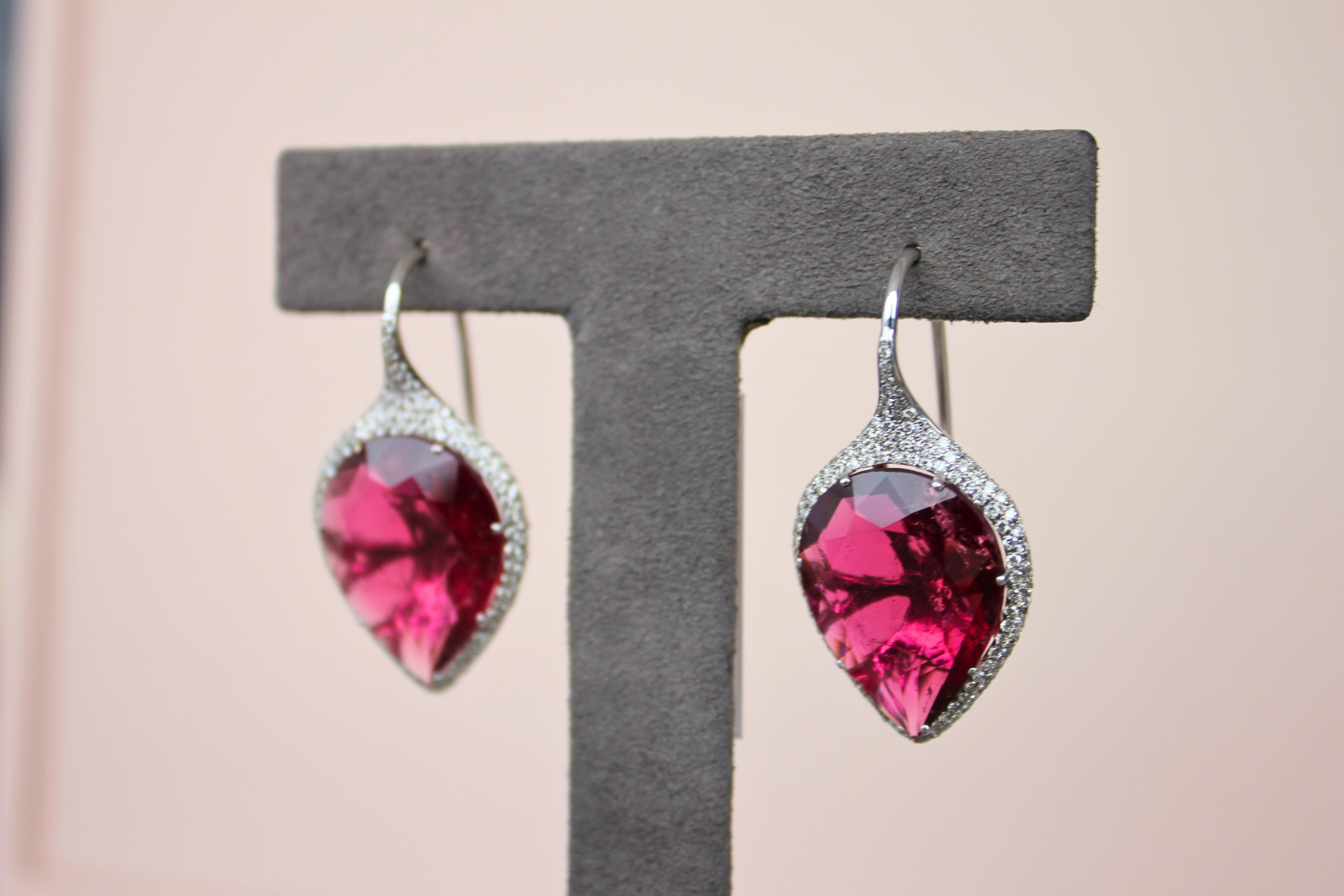 Fancy Pear Tear Drop Pink Red Rubellite Diamond Pave 18K White Gold Earrings For Sale 8