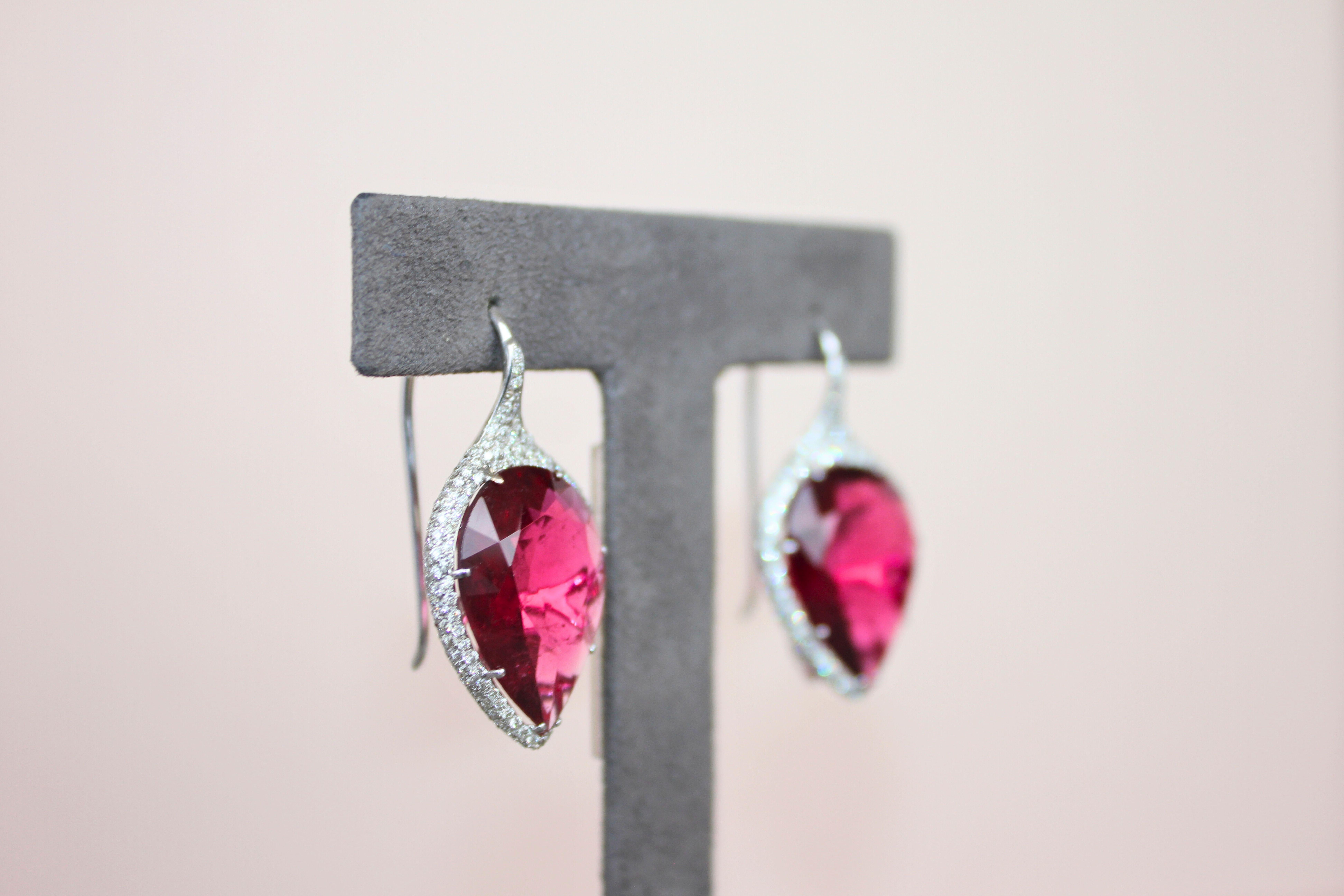 Fancy Pear Tear Drop Pink Red Rubellite Diamond Pave 18K White Gold Earrings For Sale 9